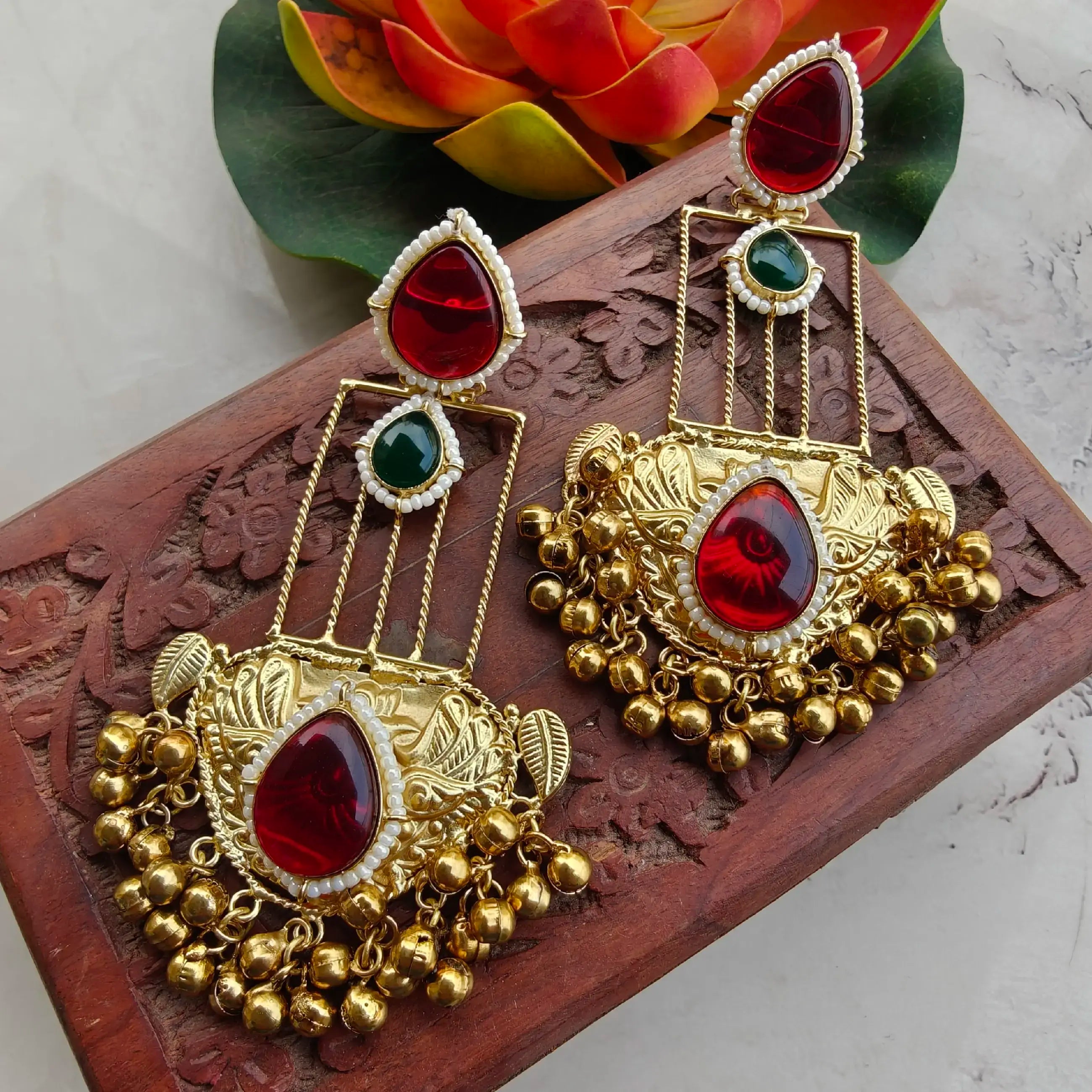 Madhaniya Amrapali Brass Fusion Earrings - Maroon N Green