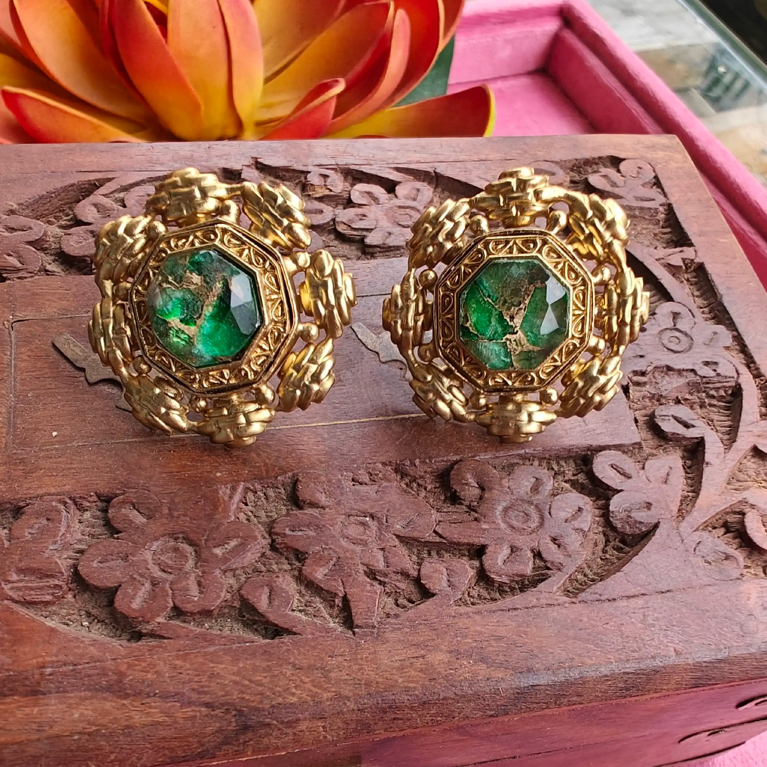 Jannat Amrapali Brass Fusion Tourmaline Doublet Studs - Green