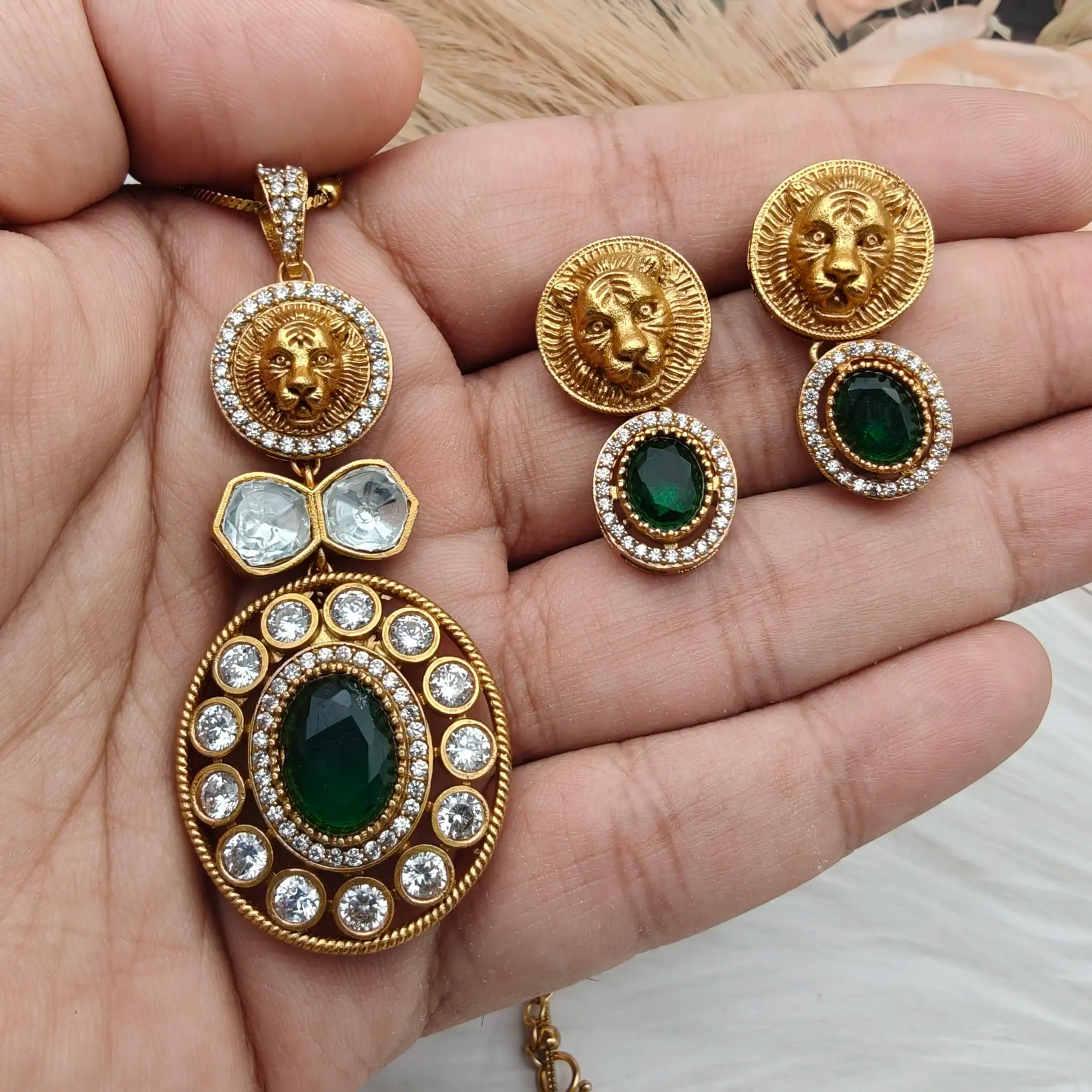 Sabyasachi Inspired Saha Polki Pendant Set - Green