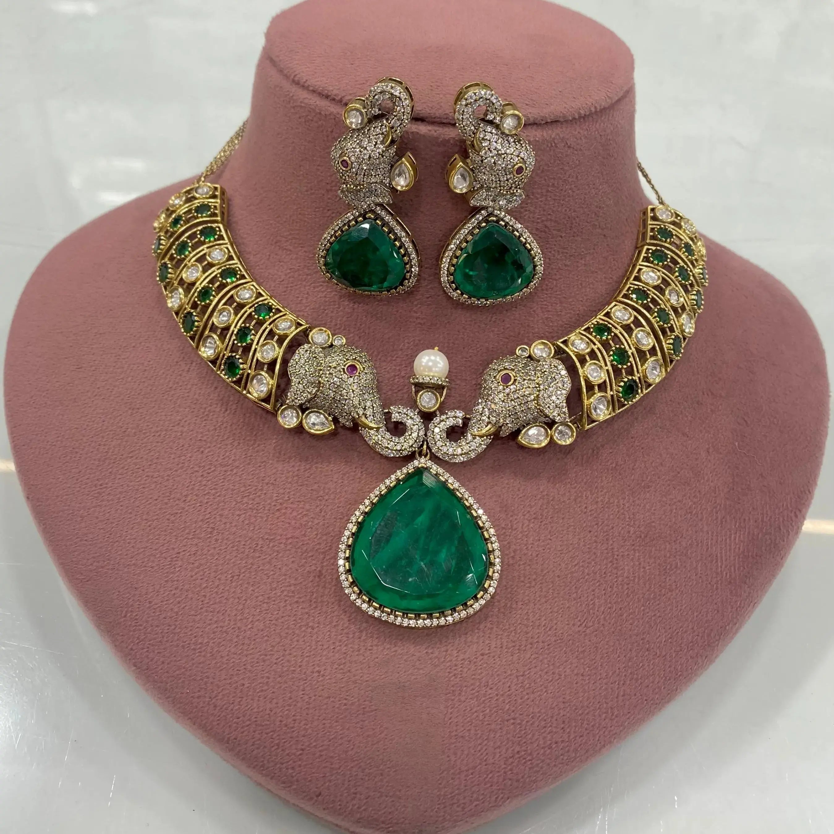Vidisha Elephant Doublet Necklace Set - Green