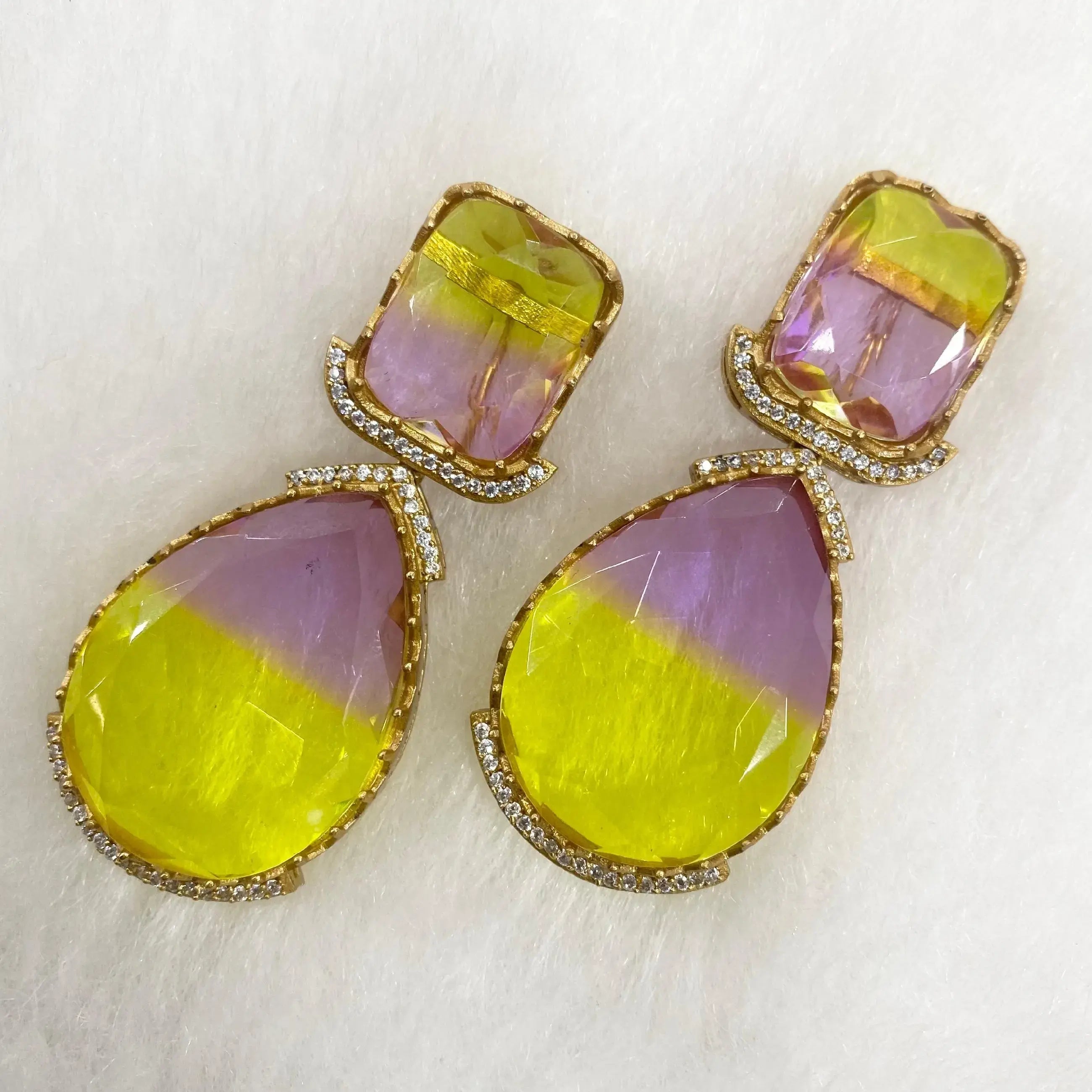 Tourmaline Bio Stone Statement Earrings - Yellow N Purple