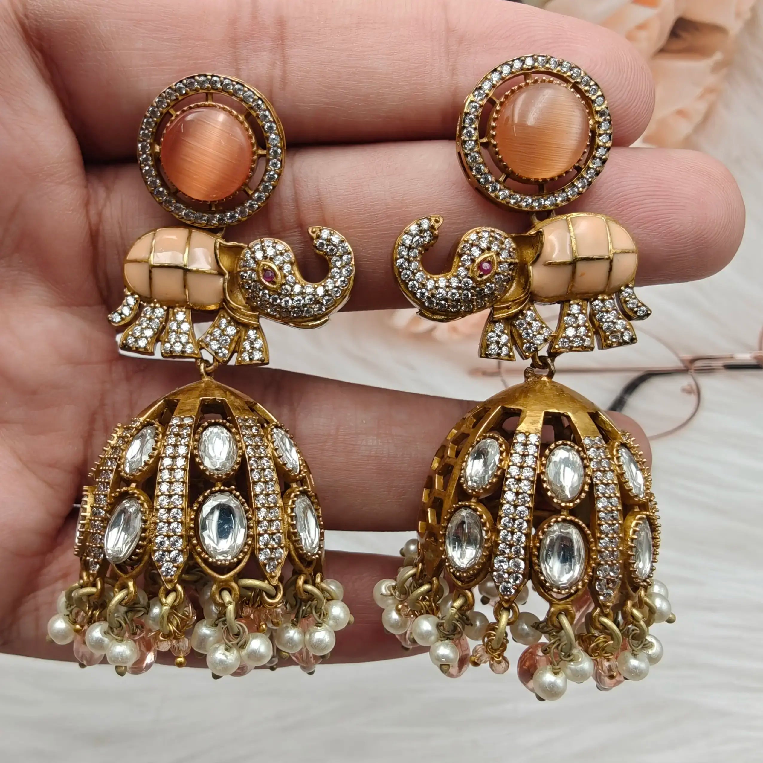 Nisha Uncut Polki Elephant Jhumki- Peach