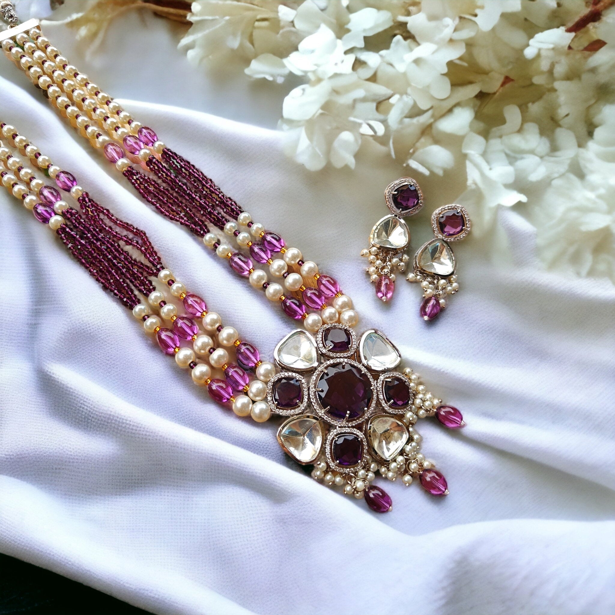 Eva Premium Polki Long Necklace- Purple