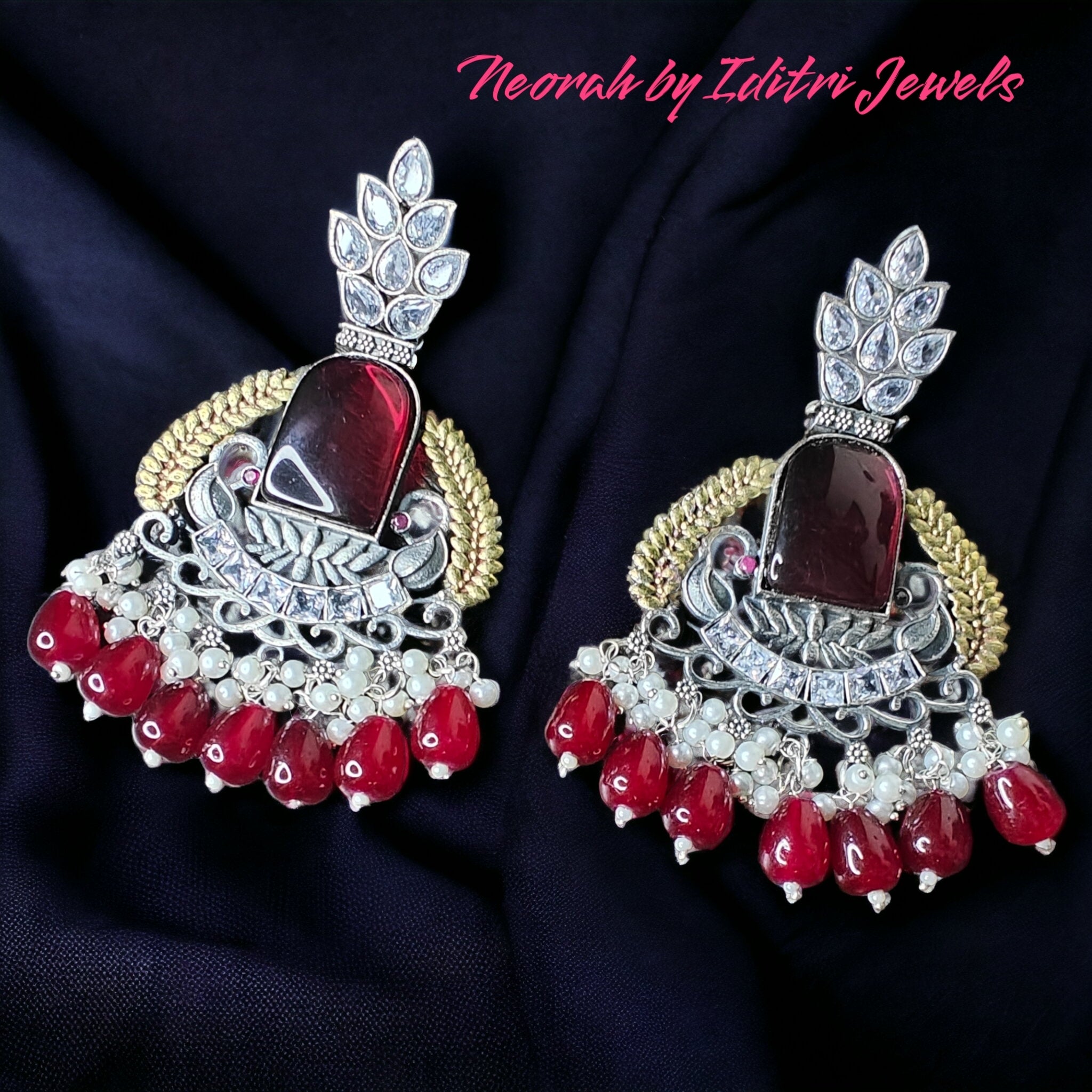 Kruti Peacock Silver Replica Earrings- Maroon
