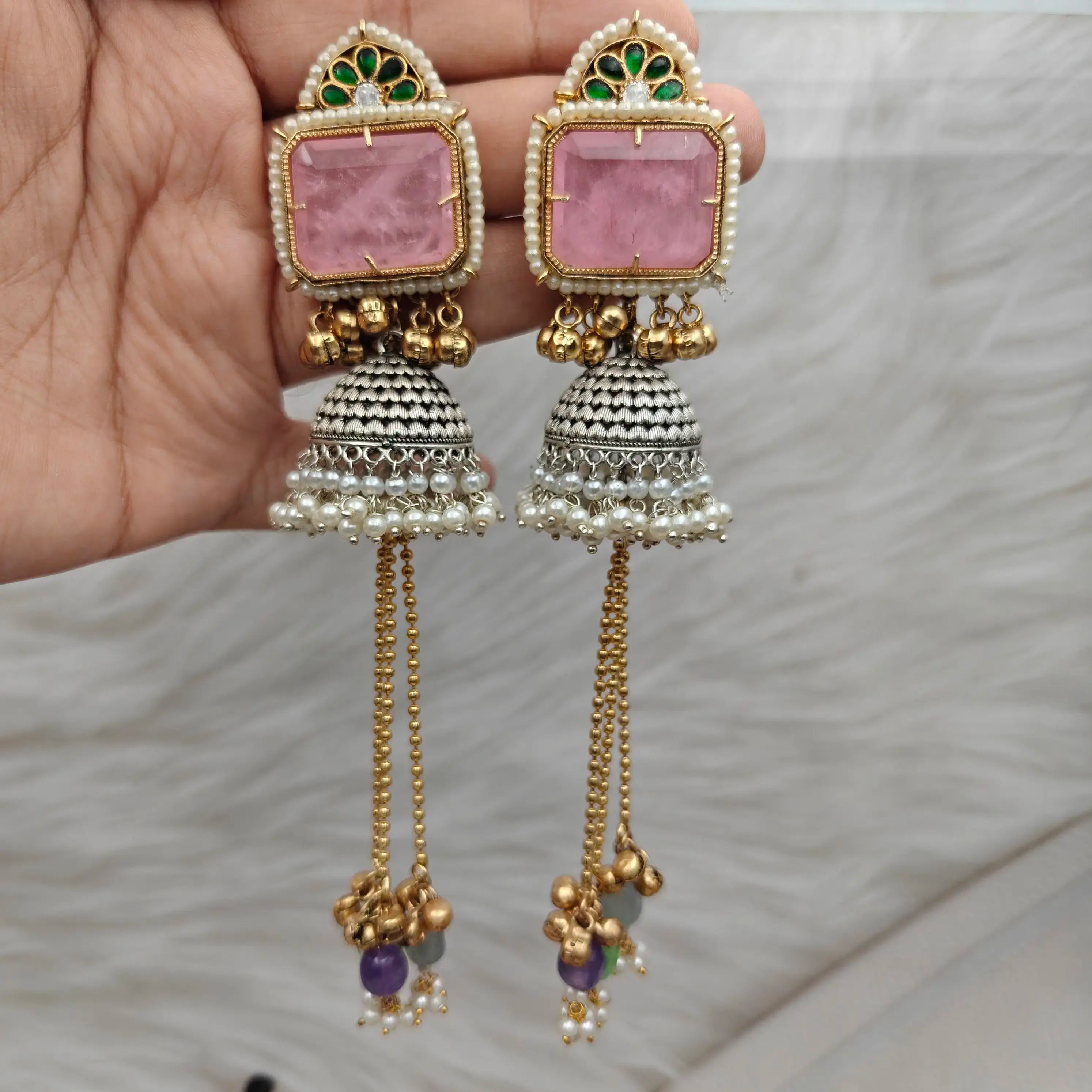 Arya Amrapali Brass Fusion Jhumki- Pink n Green
