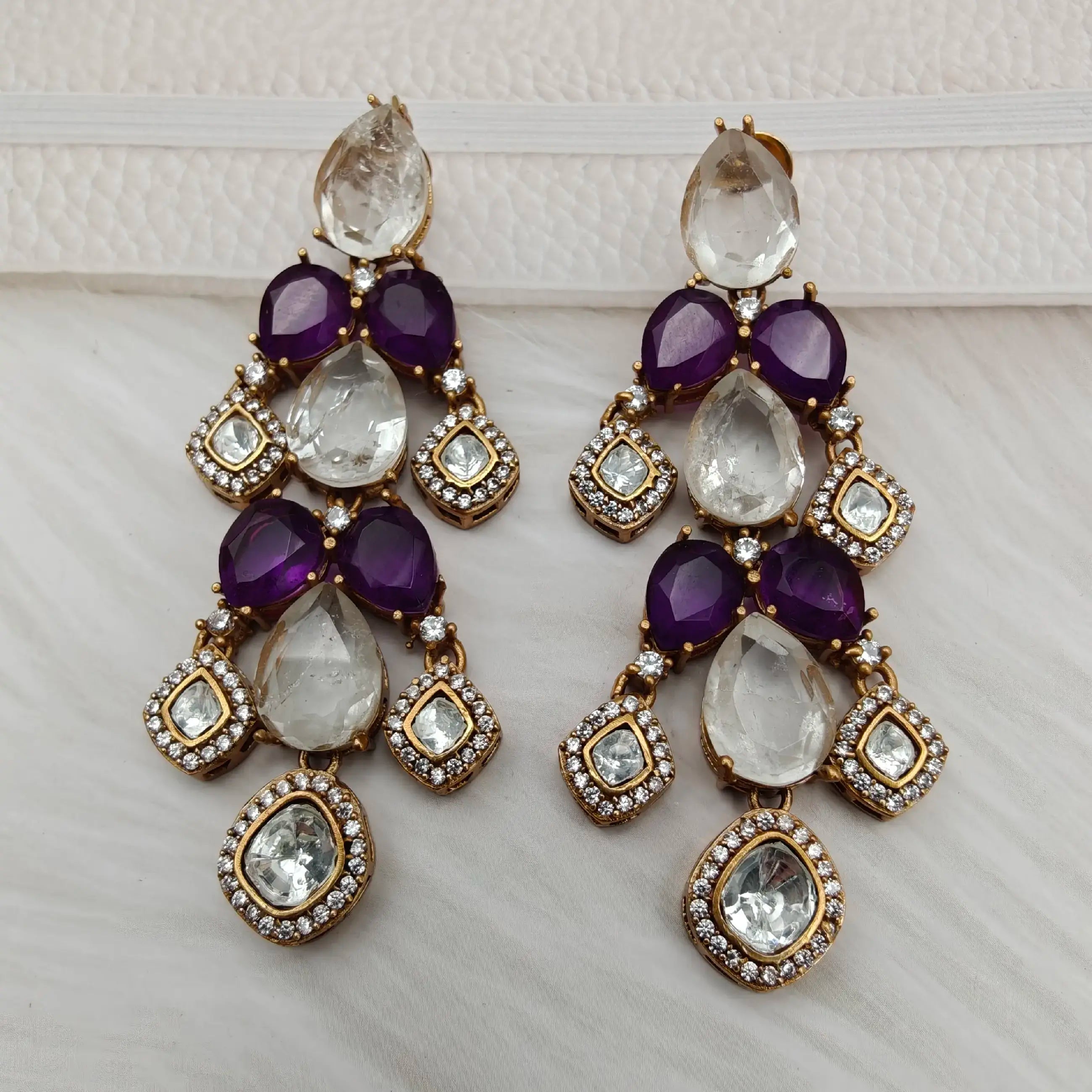 Aashiqui Doublet And Uncut Moissanite Polki Danglers - White N Purple