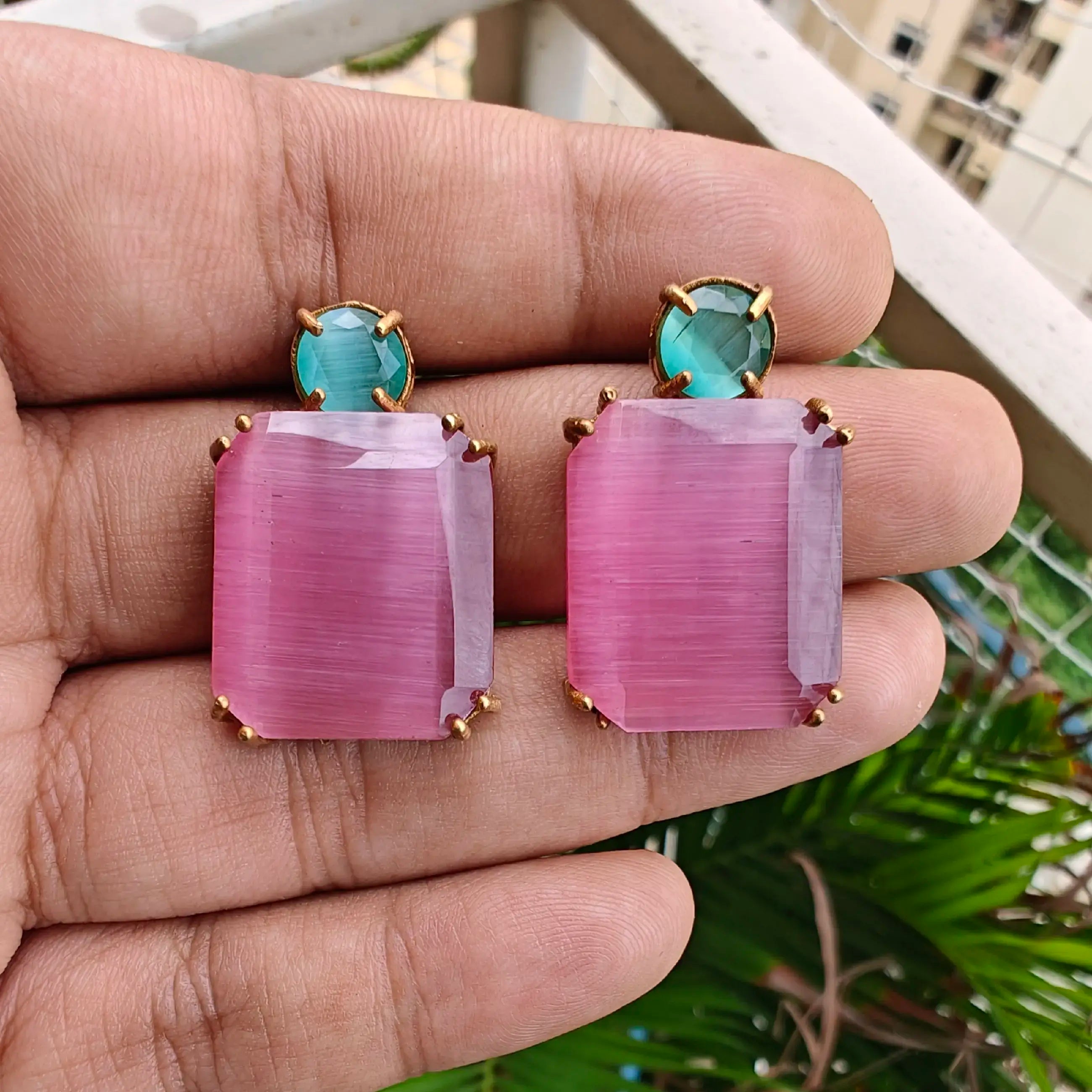 Pihu Trans Stone Earrings - Pink N Mint (Gold Finish)