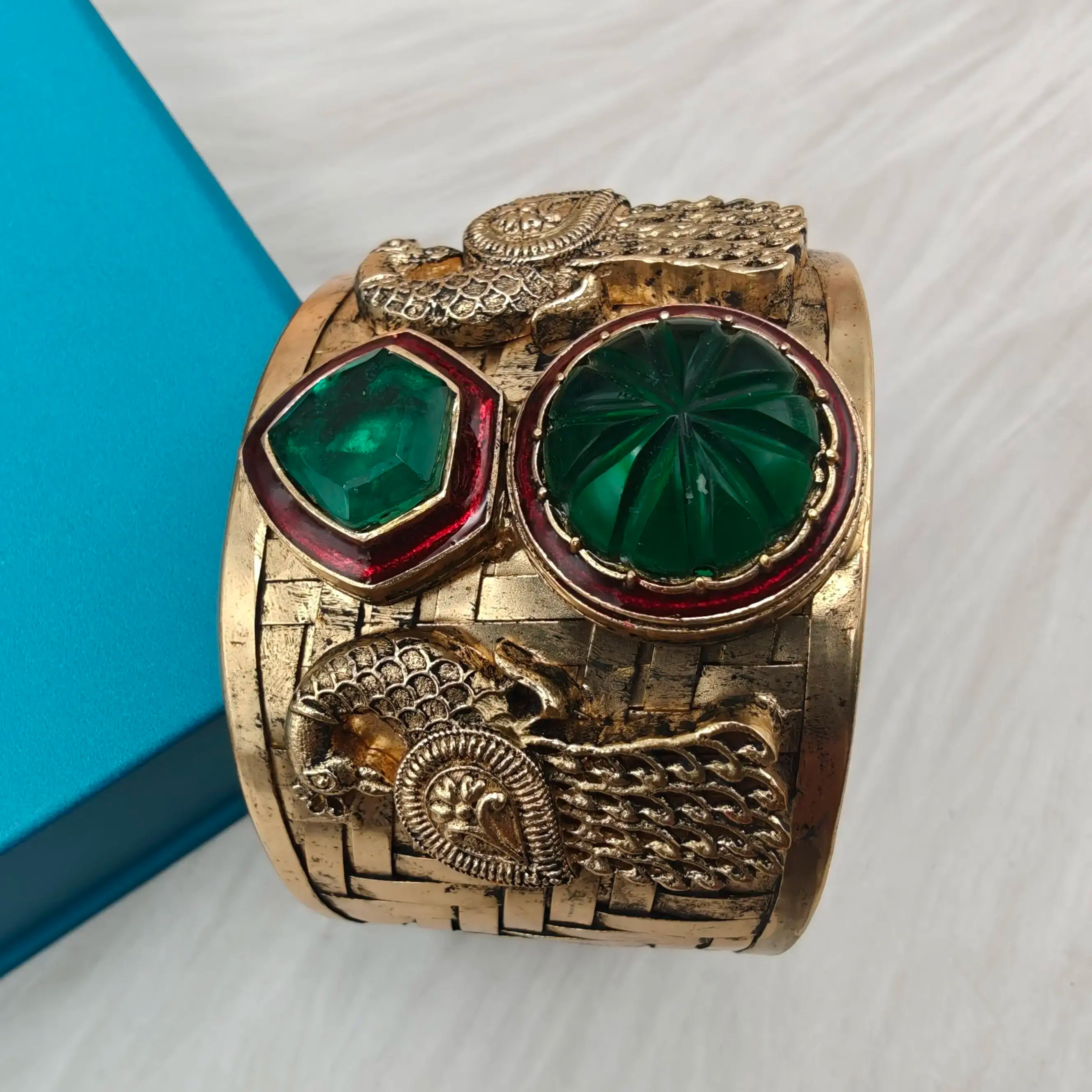 Manora Handcrafted Amrapali Brass Fusion Handcuff- Green Ruby