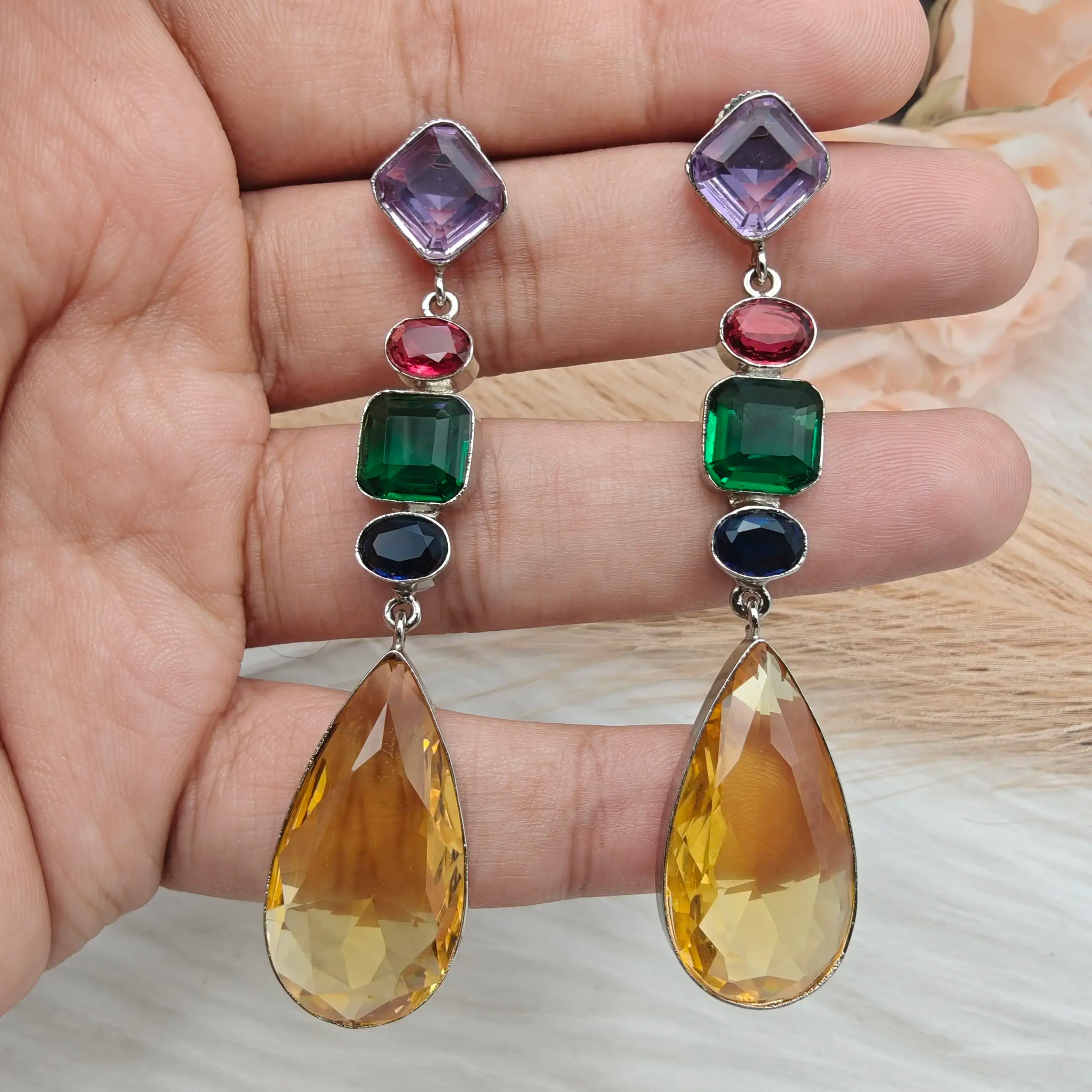 Zooni Crystal Danglers- Yellow Multi