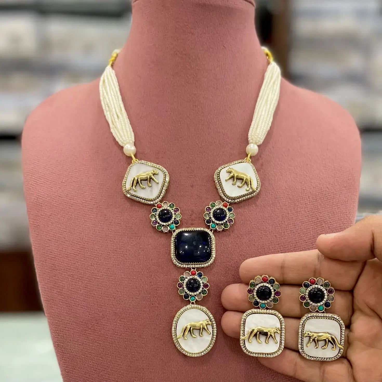 Sabyasachi Inspired Rasha Jaguar Shell Stone Necklace Set - Dark Blue