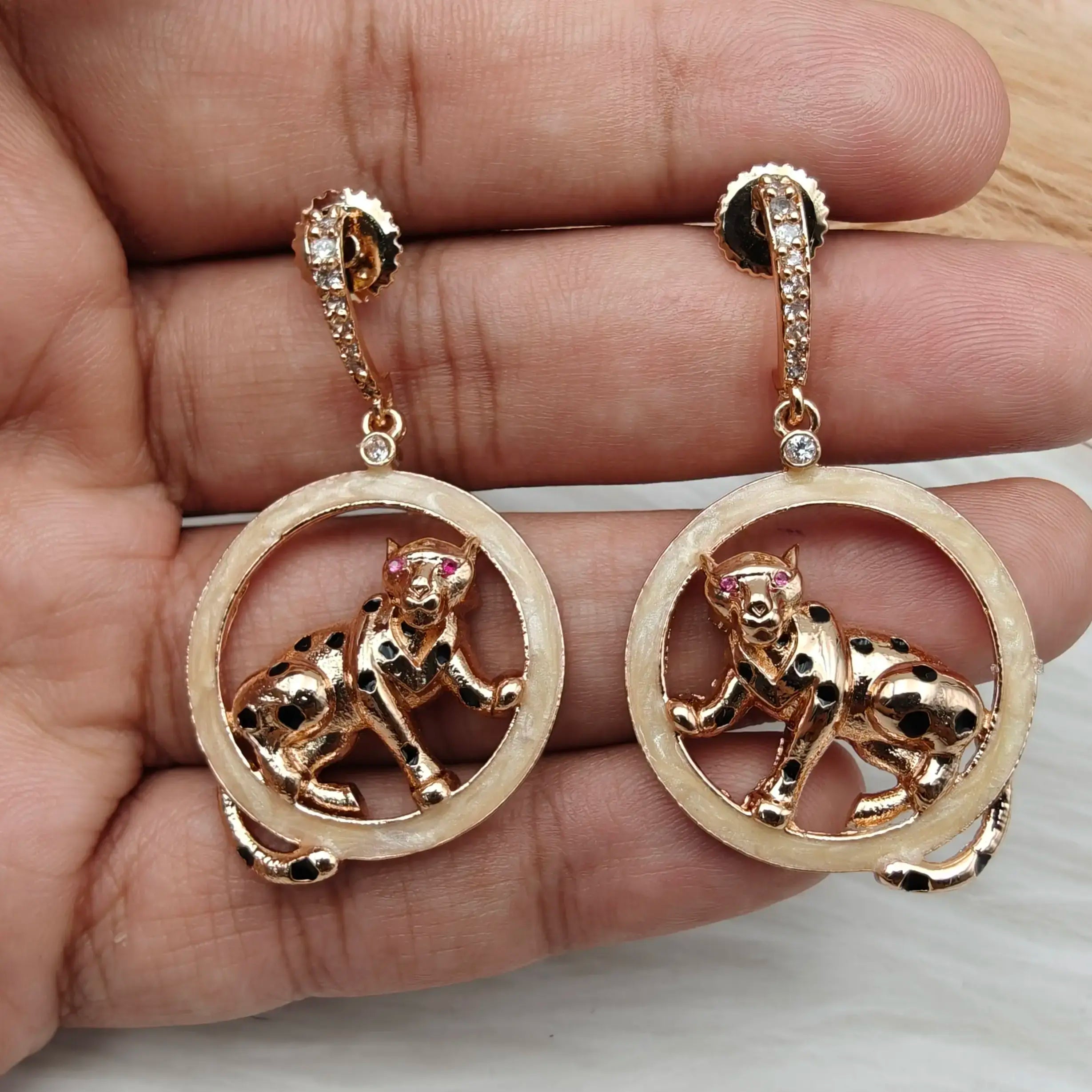 Irvin Italian Enamel Leopard Earrings - Beige