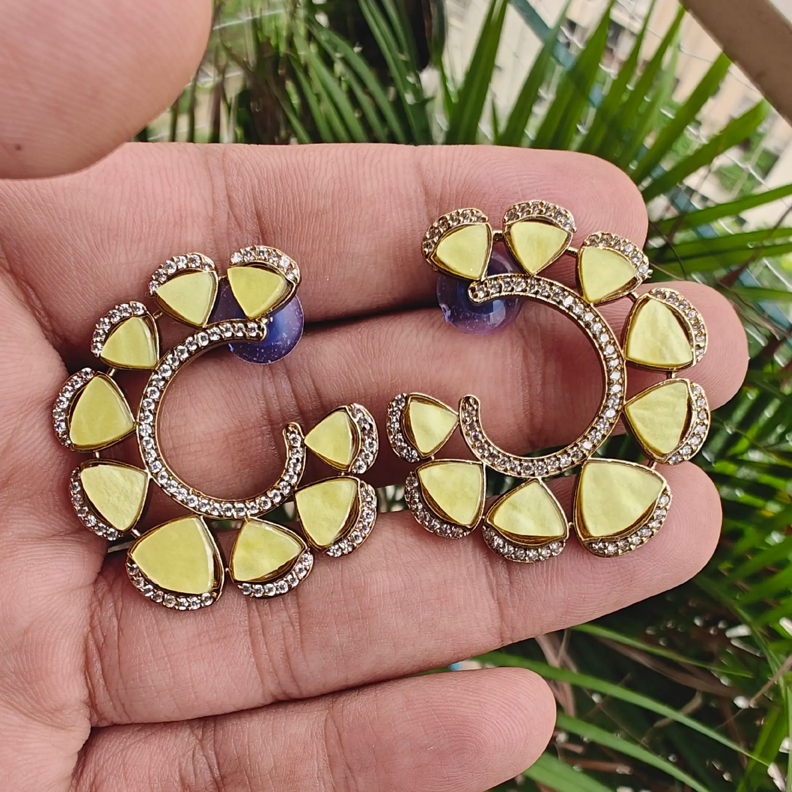 Aaryah Shell Stone Statement Earrings - Lemon Yellow