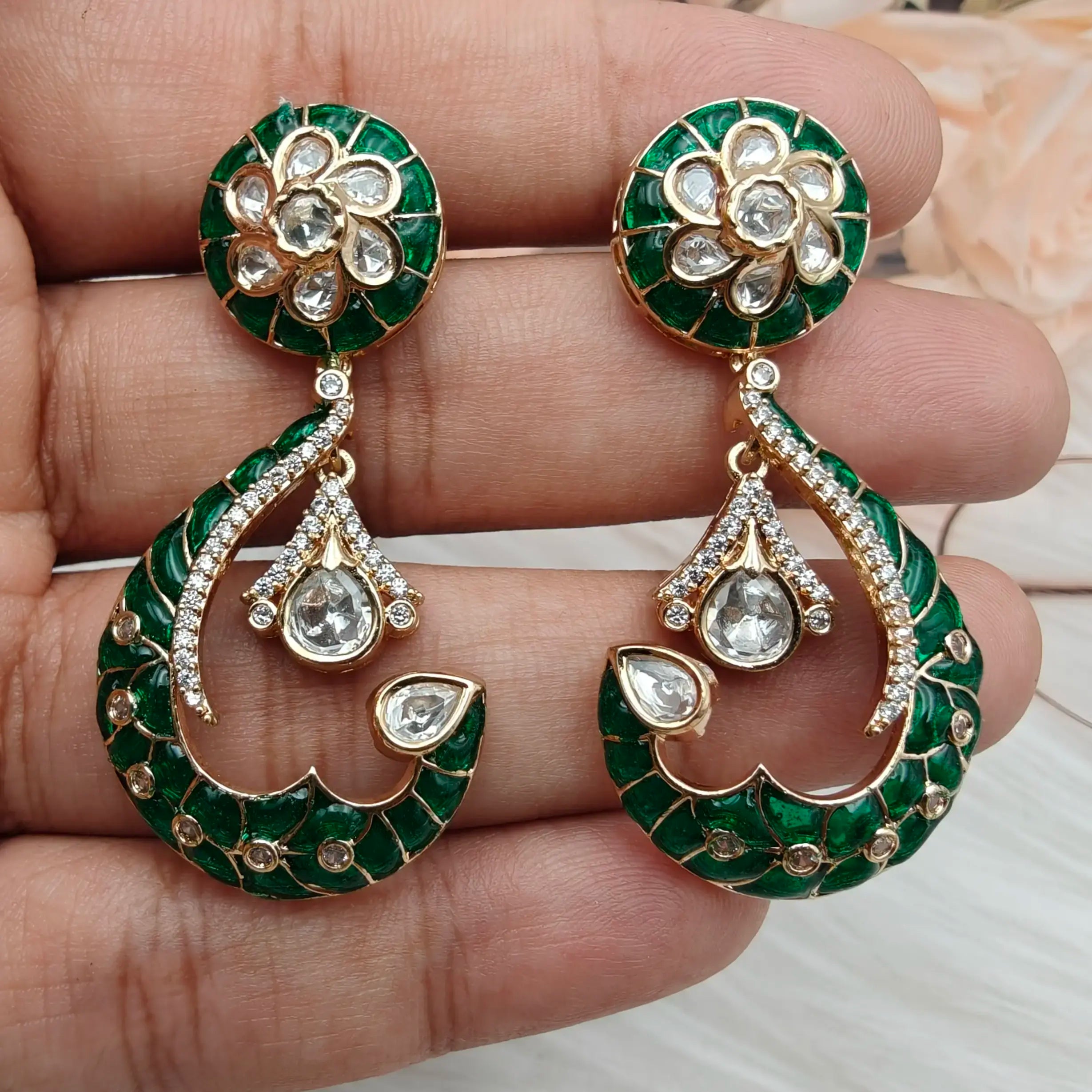 Aabroo Sunheri Kundan Statement Earrings - Green