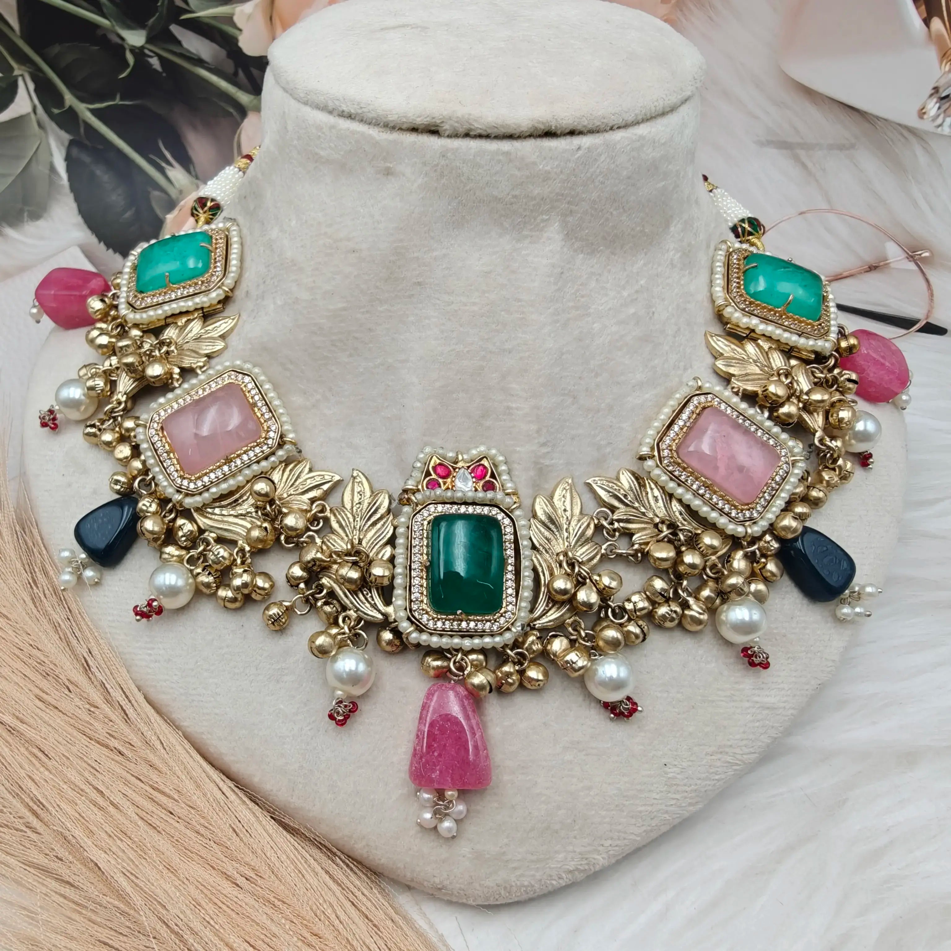 Aaranya Doublet Amrapali Brass Fusion Necklace - Multi Pink