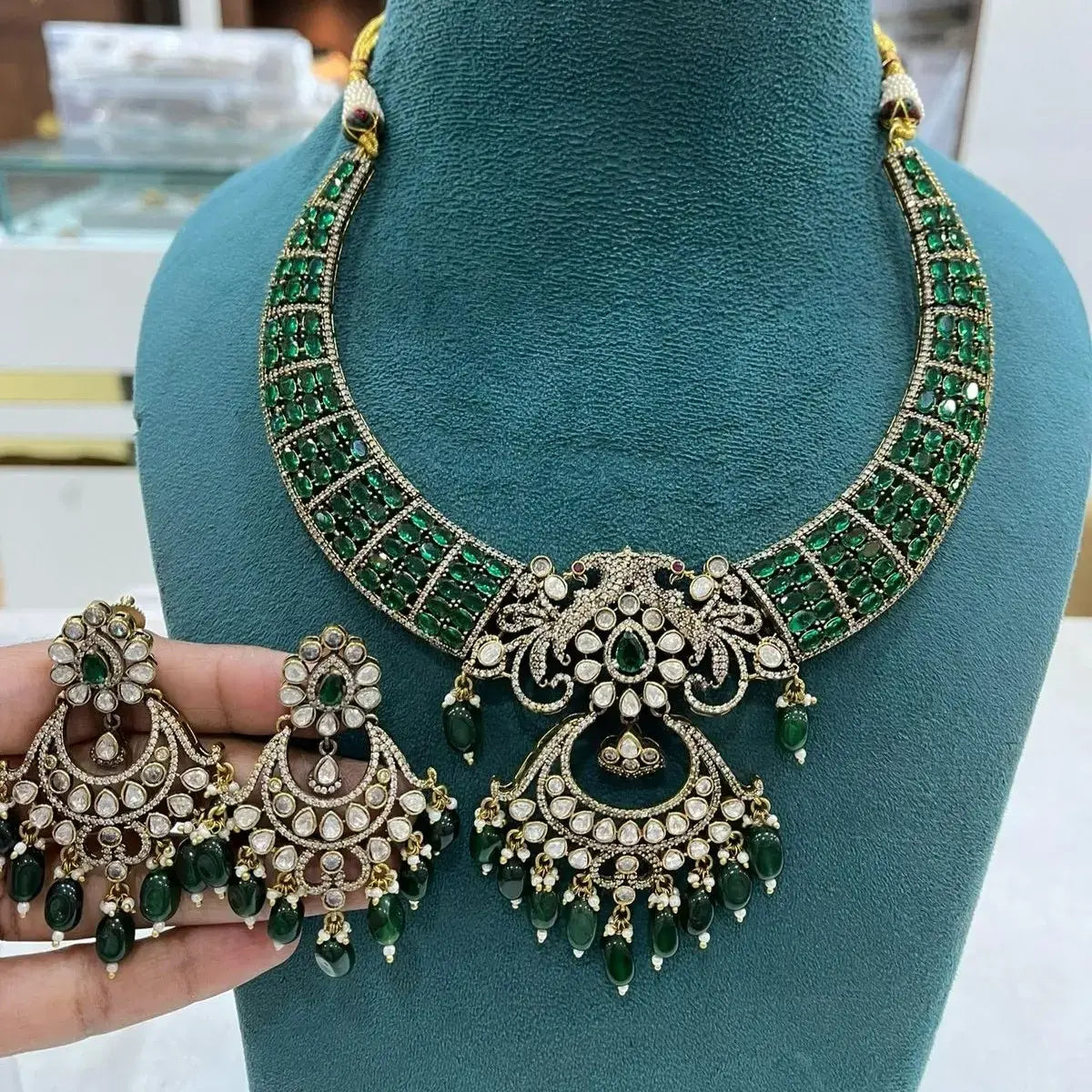 Isha Uncut Polki Moissanite Emerald Green Necklace Set