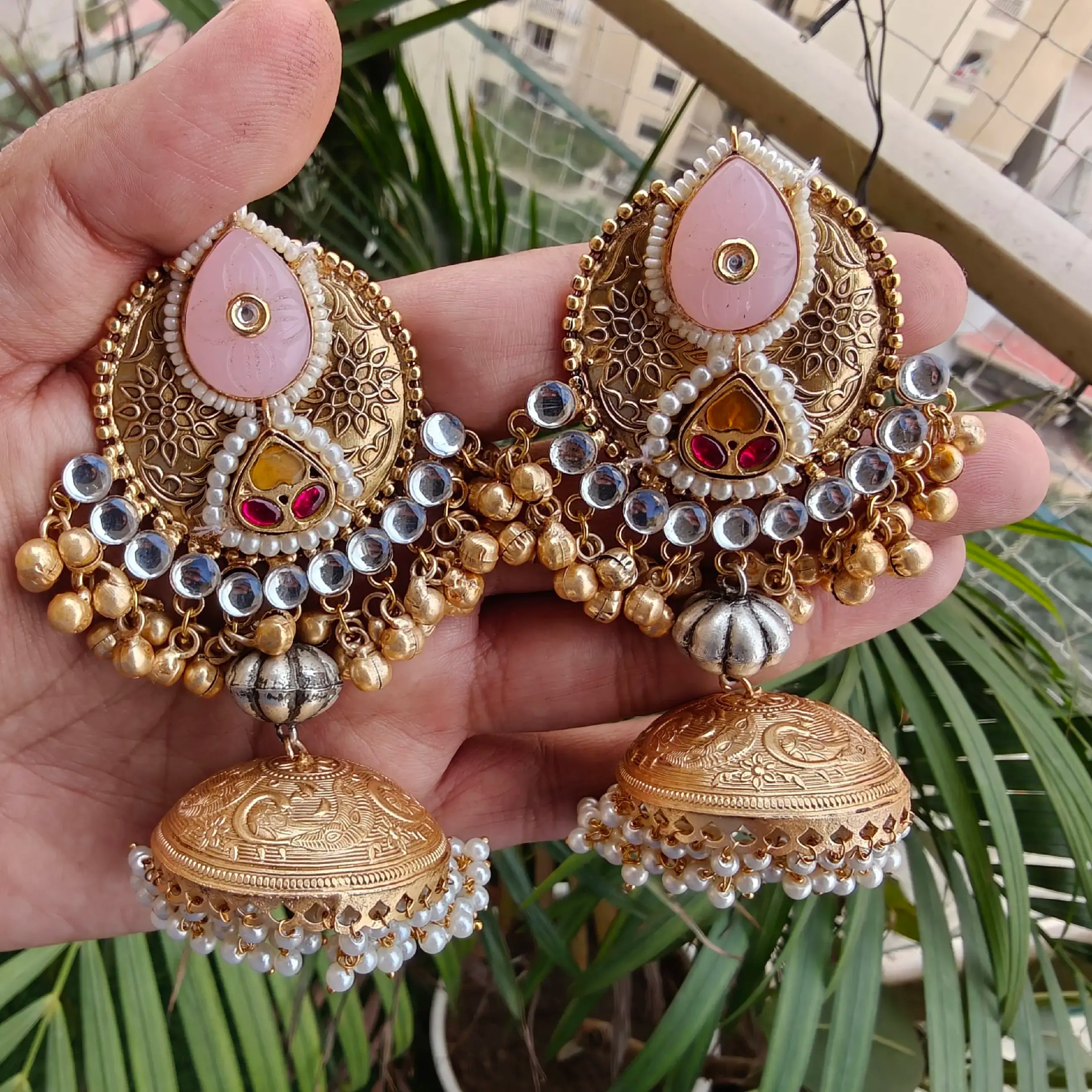 Sahiba Brass Fusion Jhumki- Pink