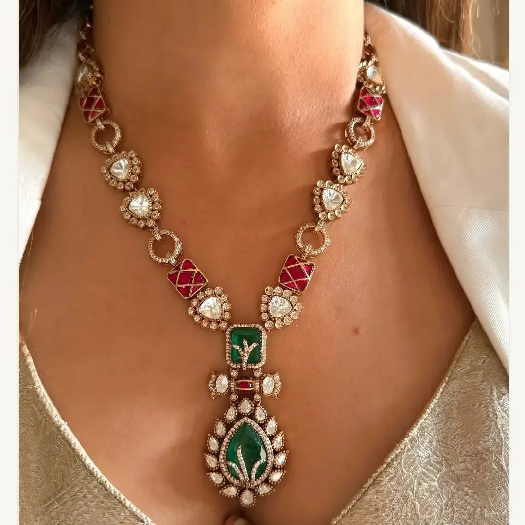 Supriya Victorian Doublet Necklace Set - Emerald Green And Ruby