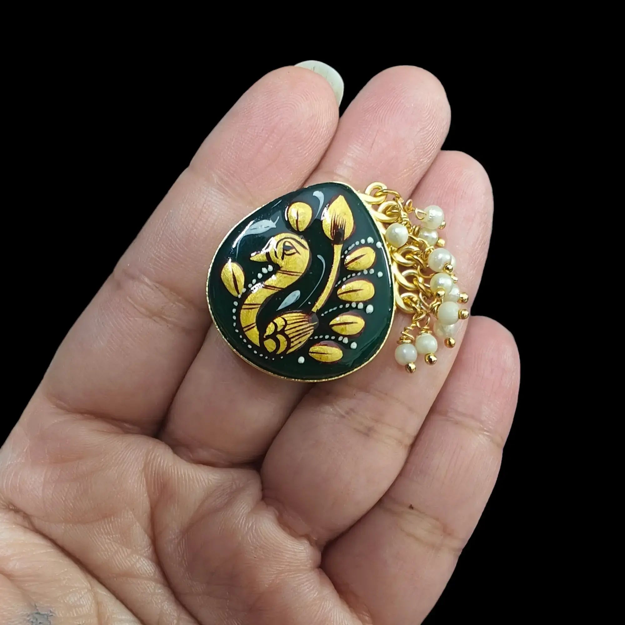 Mayuri Drop Shape Tanjore Ring- Dark Green