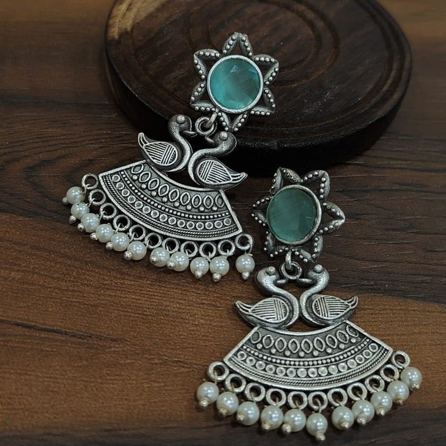 Gehna Peacock Silver Replica Earrings- Mint