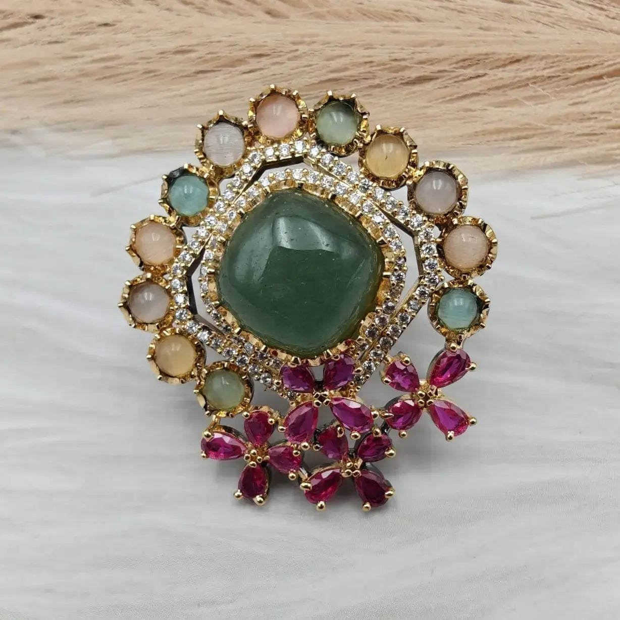 Aknoor Premium Natural Stone Ring- Olive Green Multi