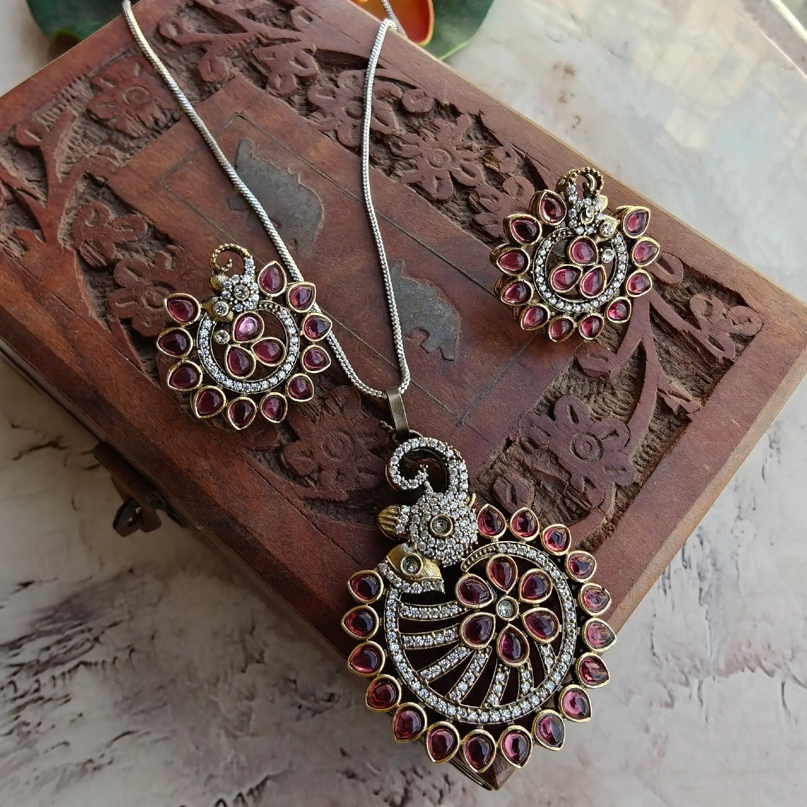 Elephant Dual Tone Pendant Set - Ruby