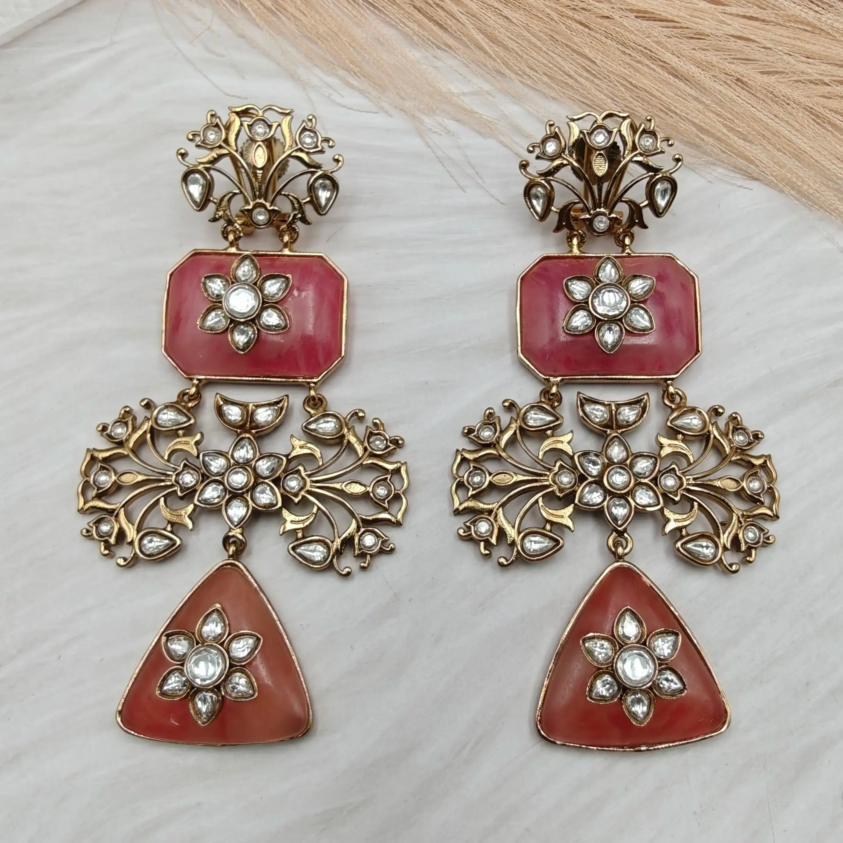 Aarohi Regal Bloom Earrings - Red Pink