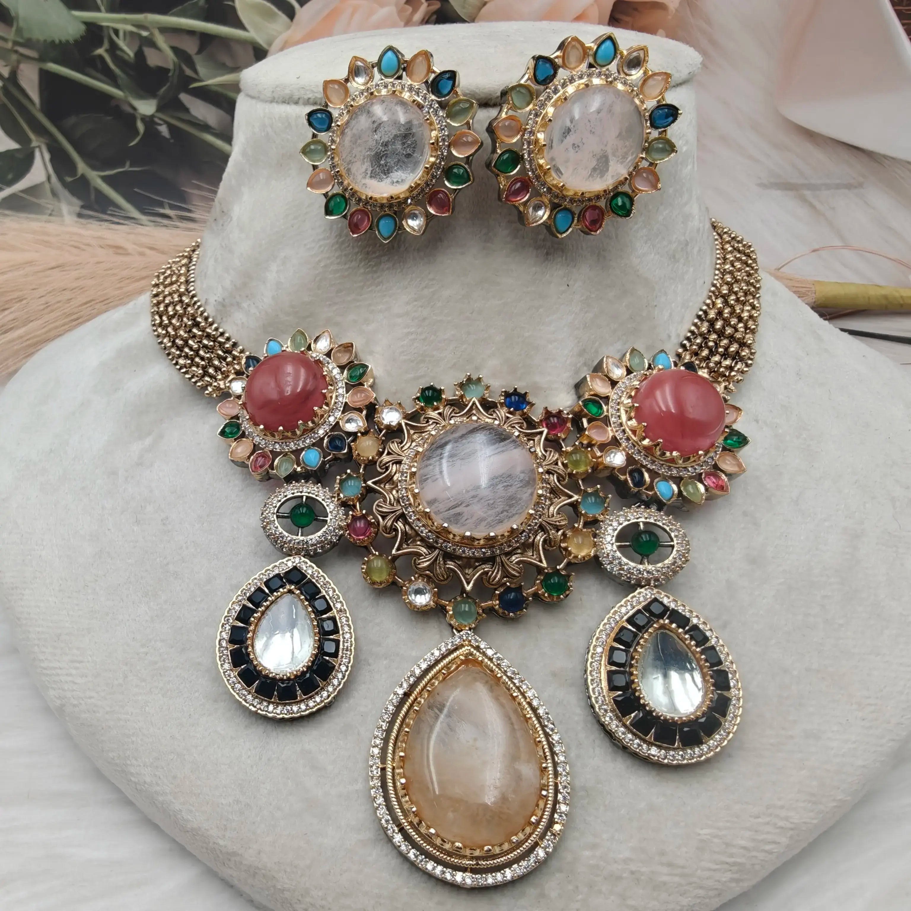 Meher Raang Statement Necklace Set - Rust Multi
