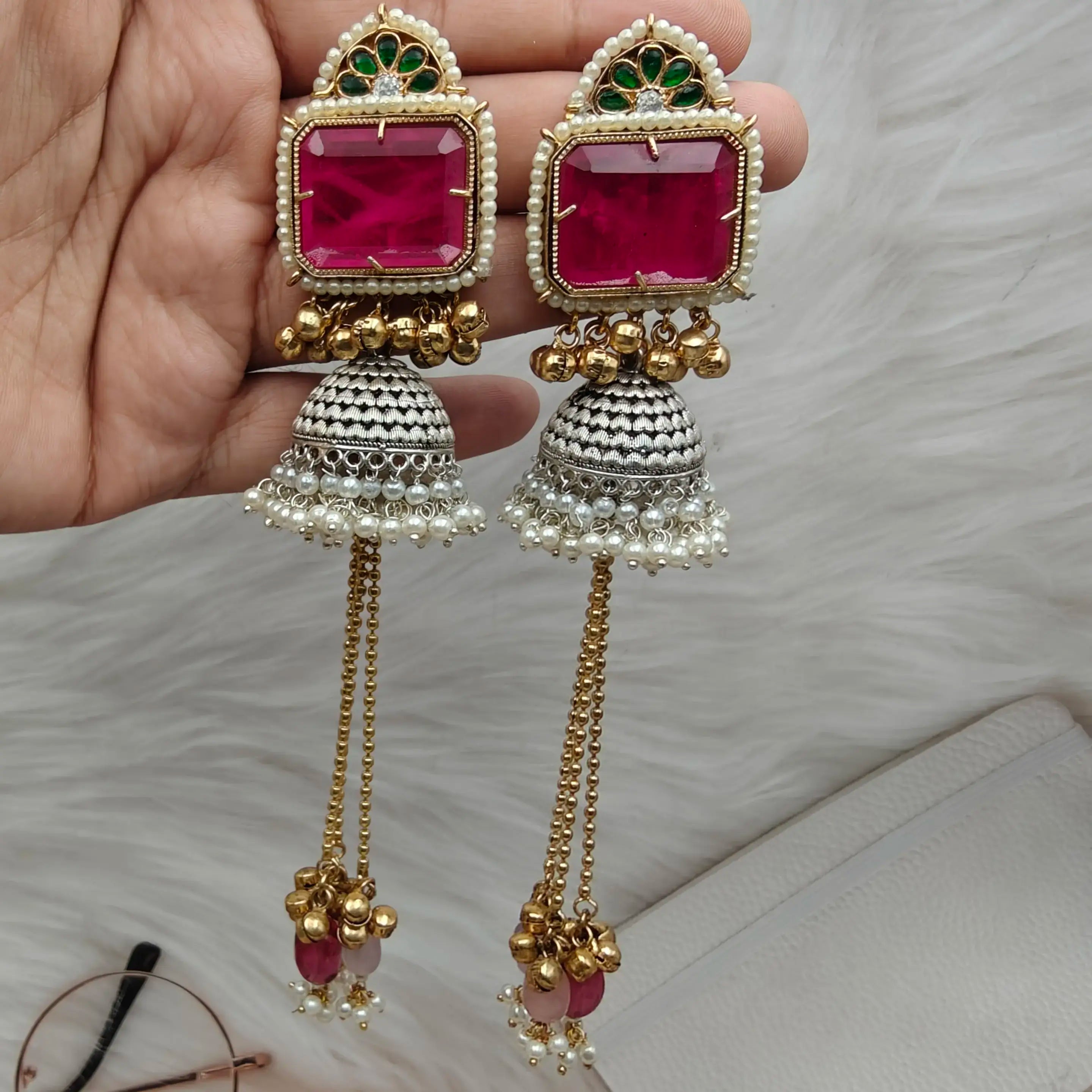 Arya Amrapali Brass Fusion Jhumki- Hot Pink n Green