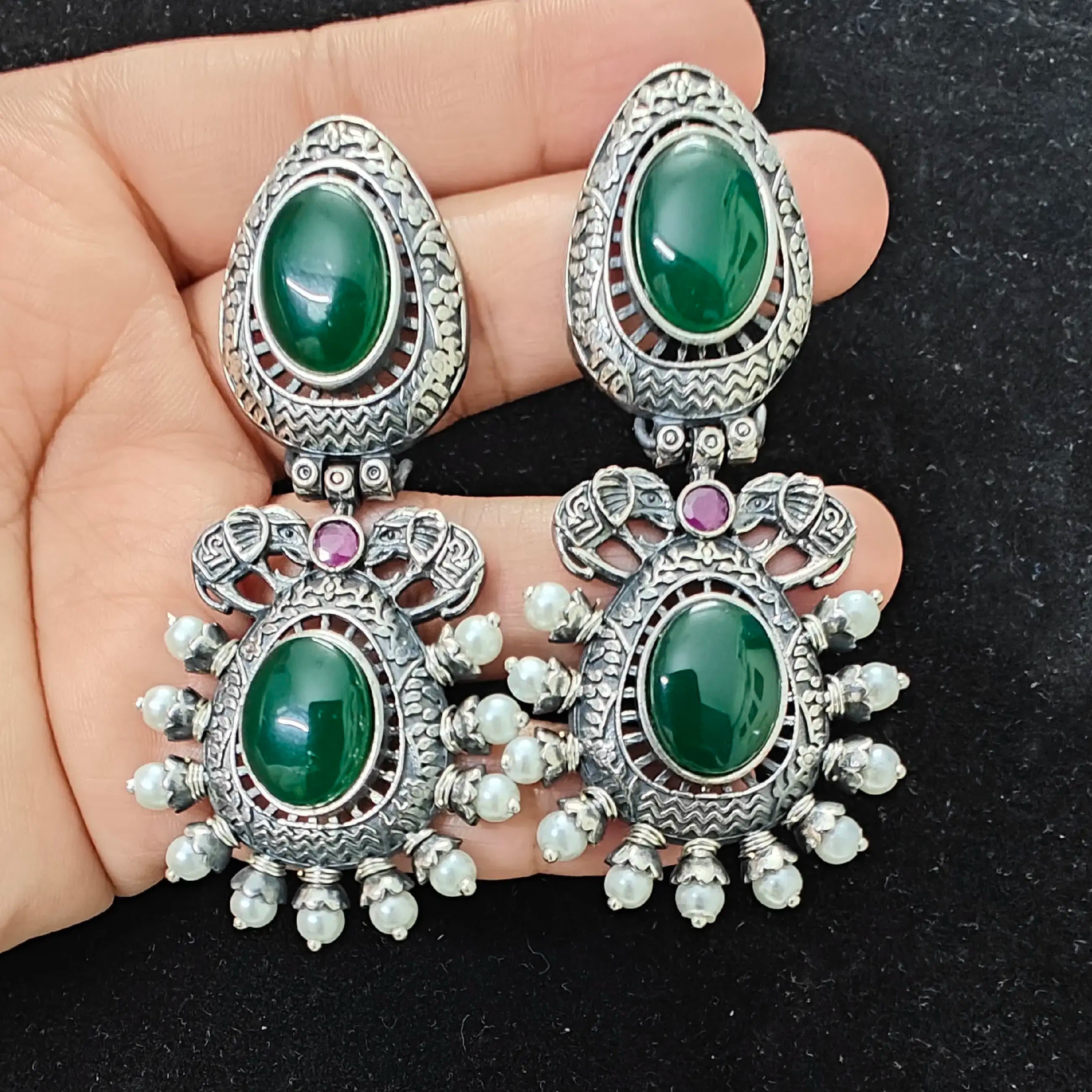 Tinah German Silver Earrings- Green