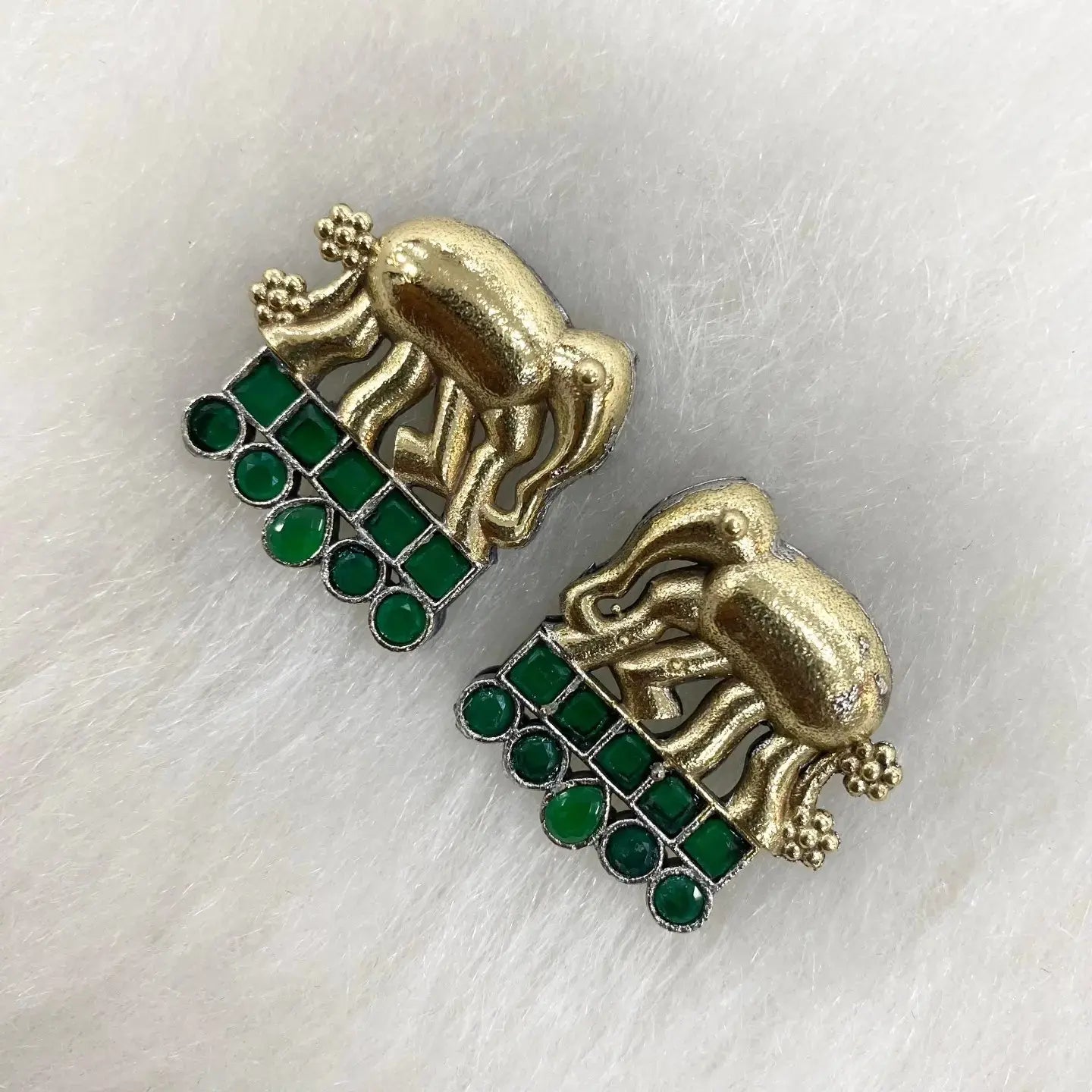 Dual Tone German Silver Elephant Earringa- Green