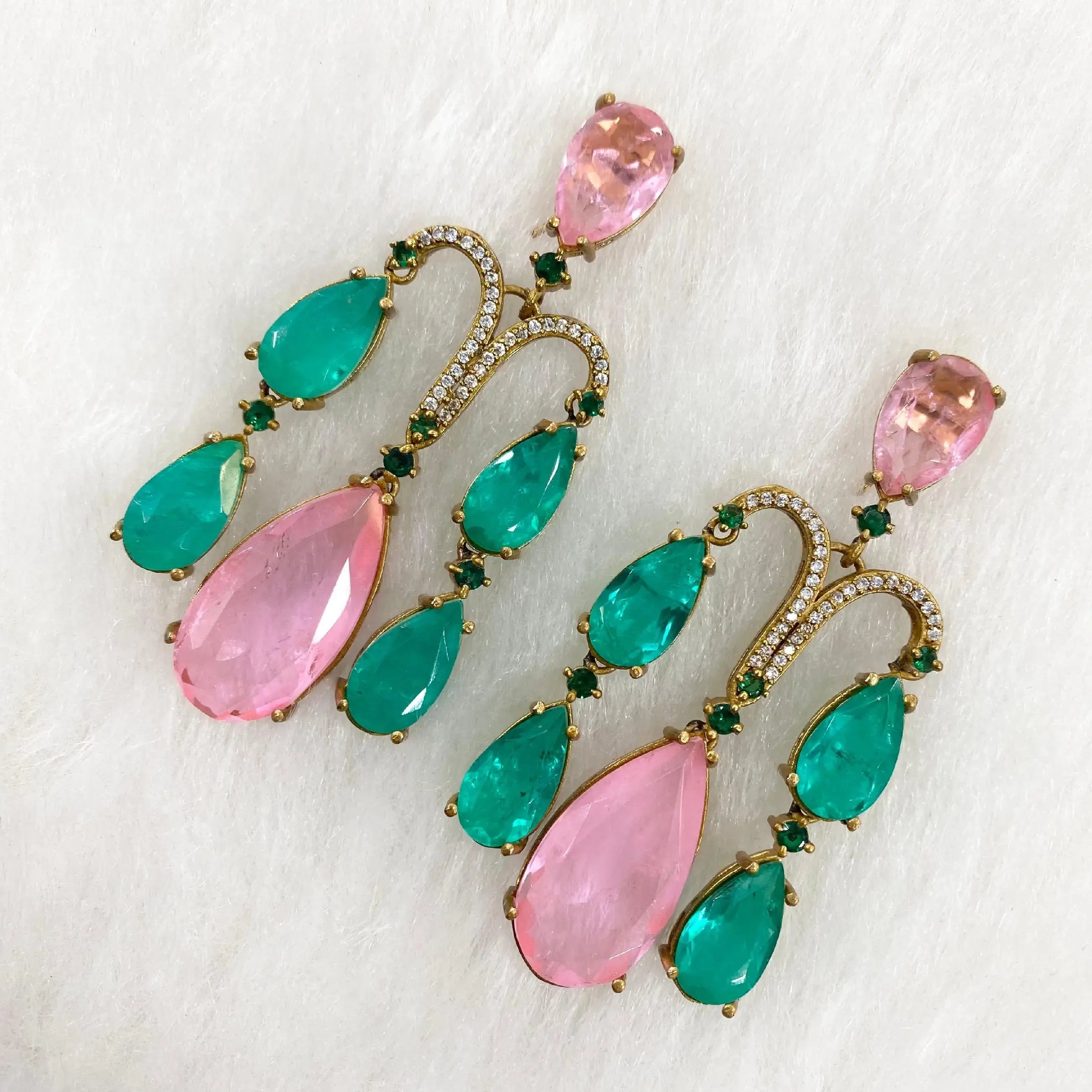 Aroohi Doublet Chandelier Earrings- Pink And Rama Green