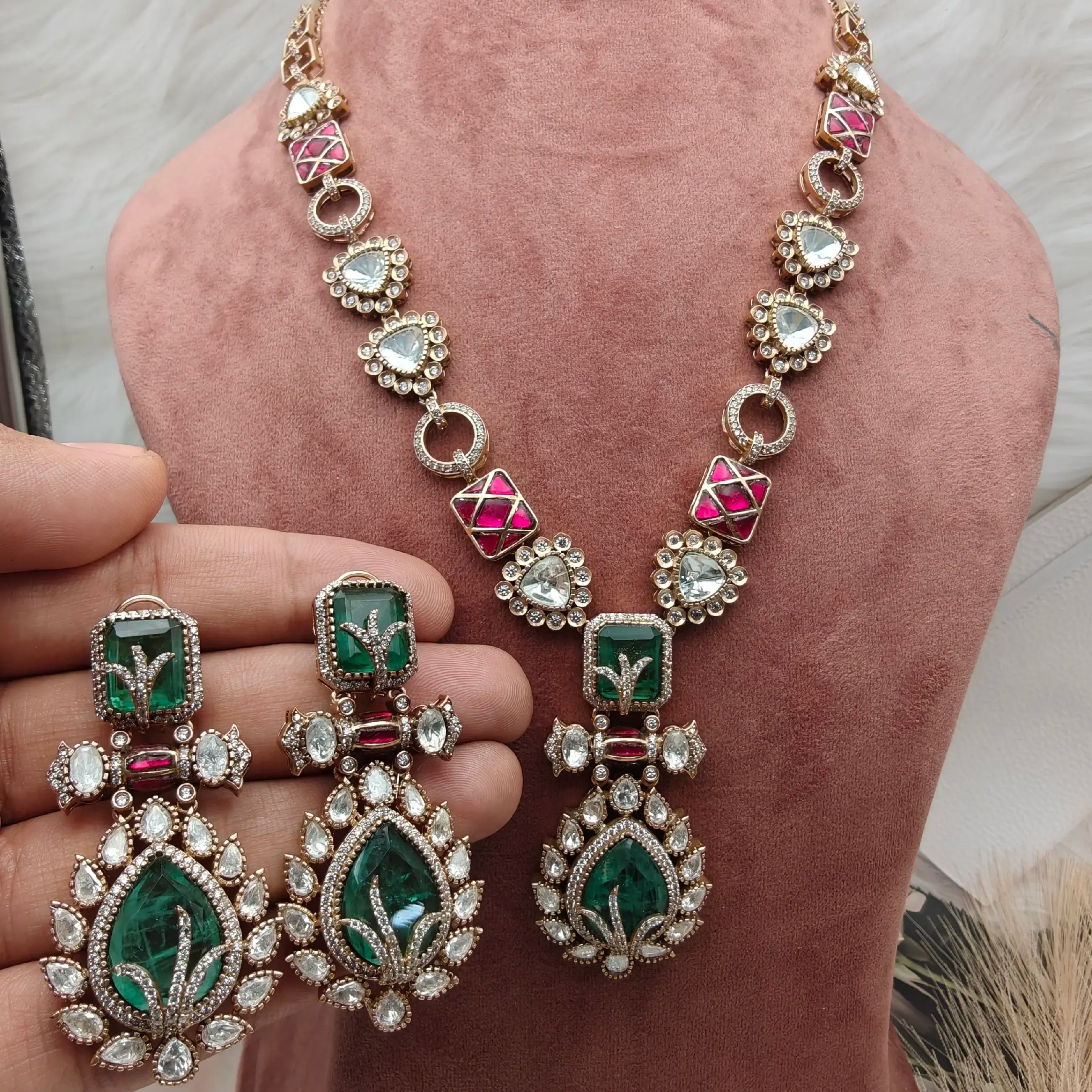 Supriya Victorian Doublet Necklace Set - Mint Green And Ruby