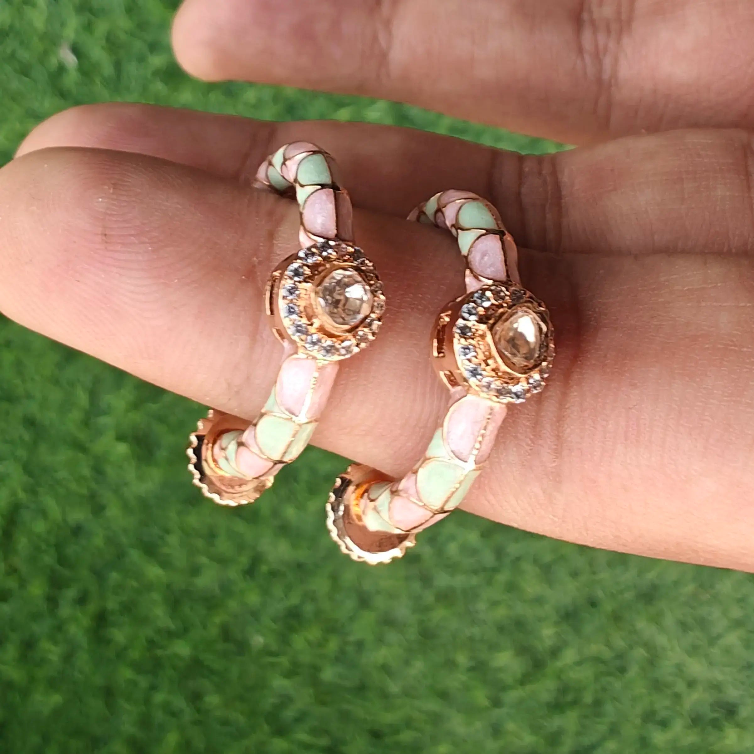 Italian Meena Moissanite Studded Hoops- Pink And Mint