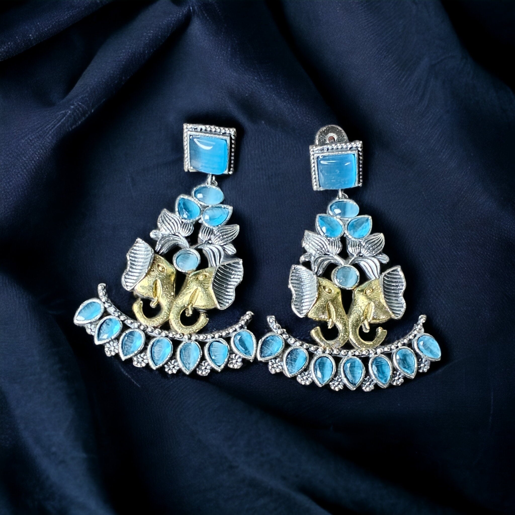 Ganesha Brass Earrings- Sky Blue