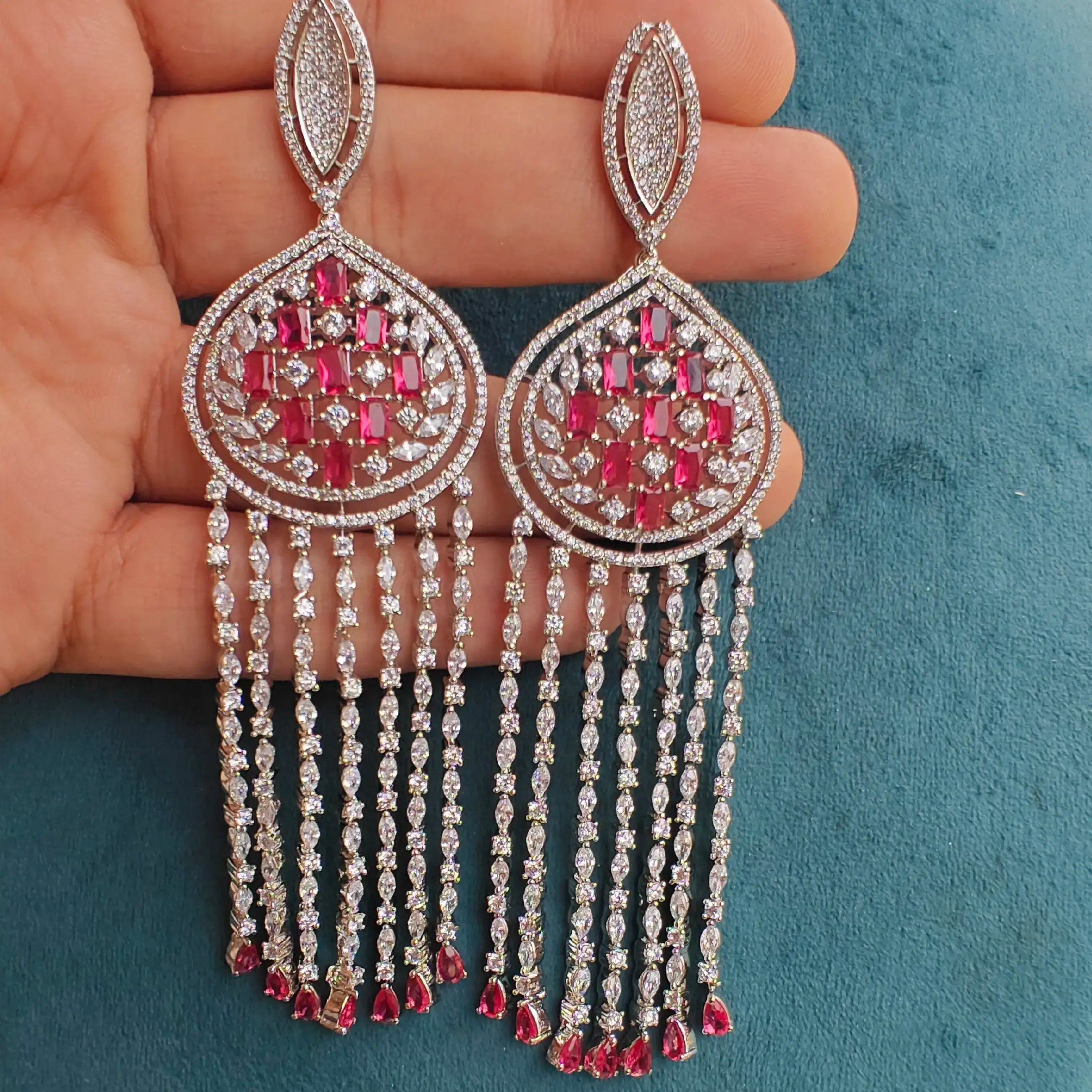 Jivaah Cocktail Long AD Earrings- Ruby
