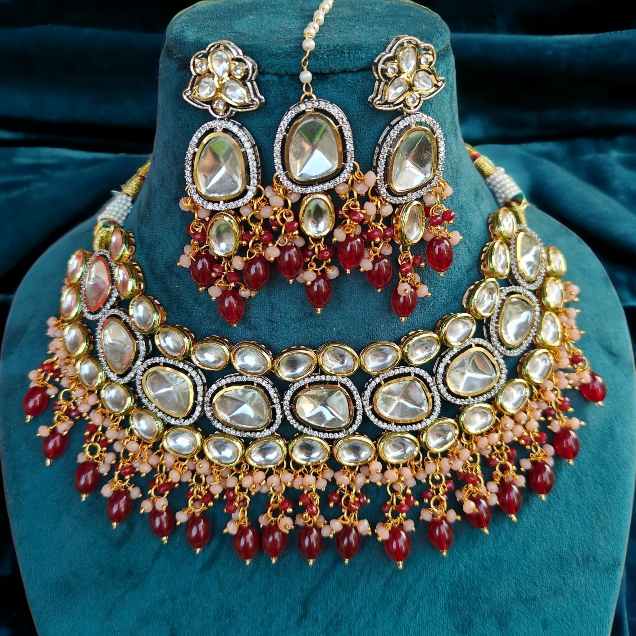 Kundan Polki Fusion Necklace- Maroon