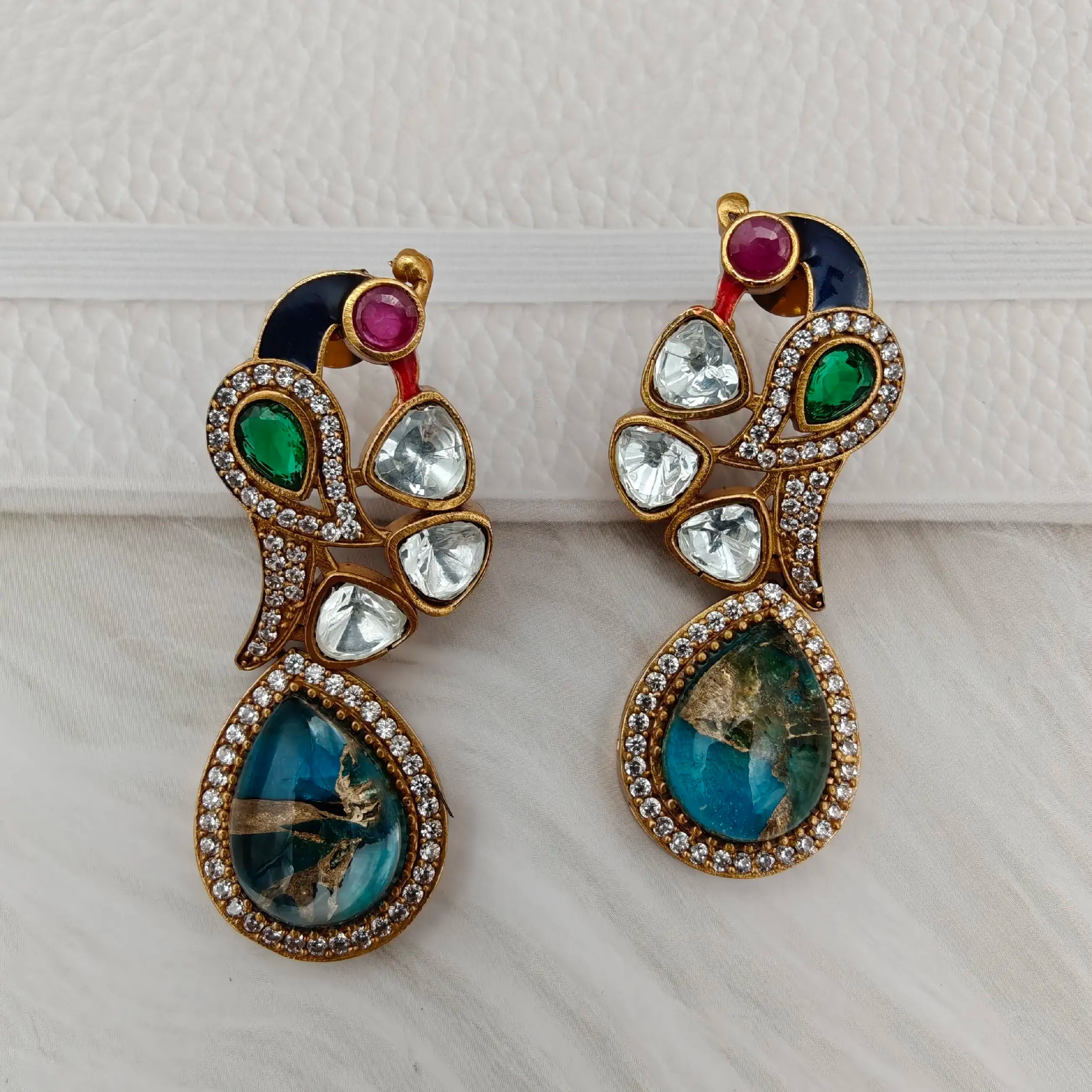 Parvana Tourmaline Doublet Uncut Moissanite Polki Earrings - Teal Blue
