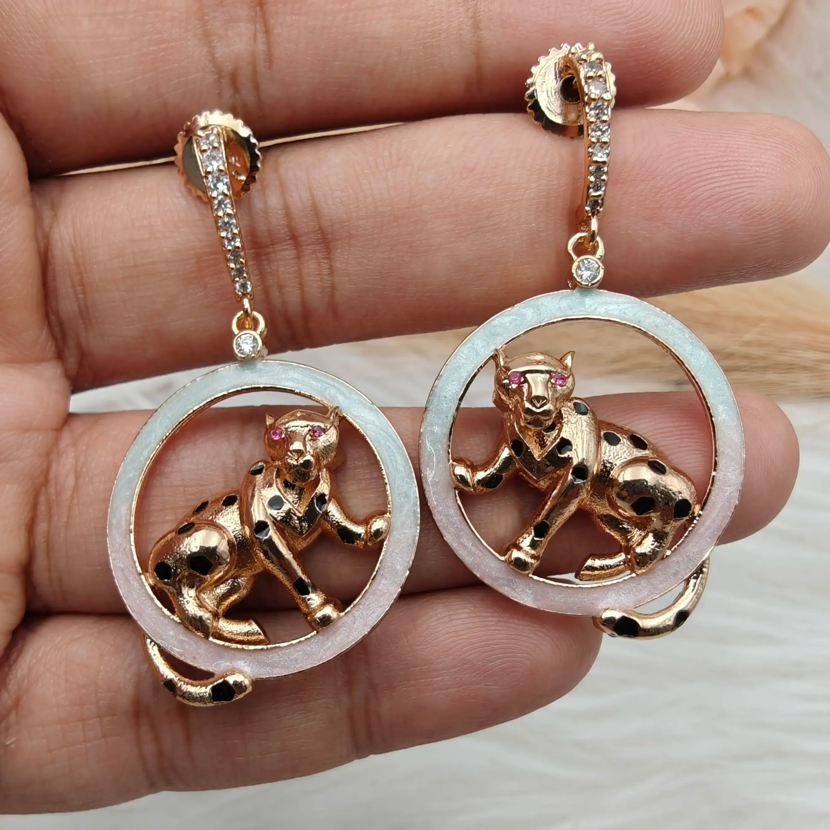 Irvin Italian Enamel Leopard Earrings - Pink n Light blue
