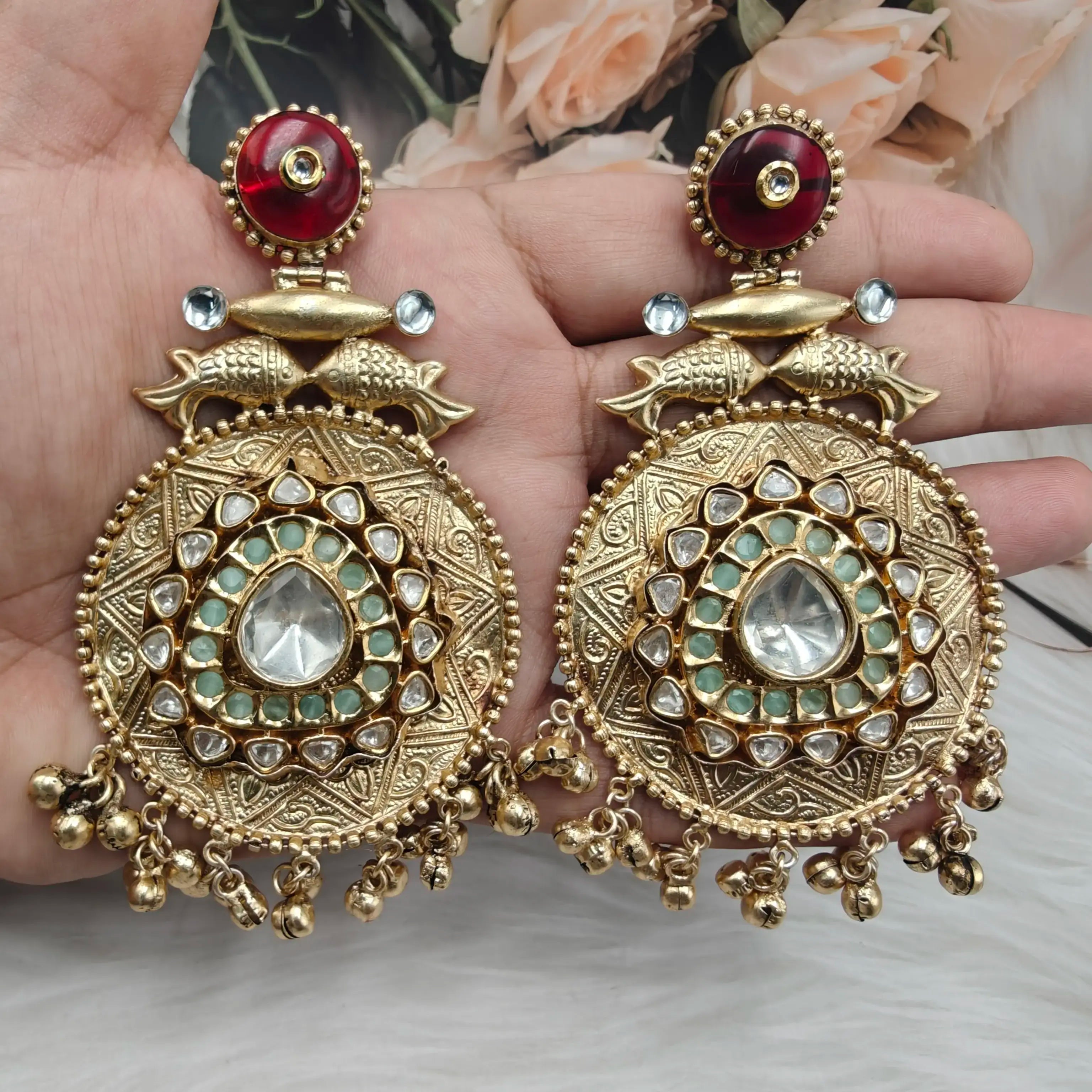 Ruhaniya Brass Fusion Amrapali Earrings - Maroon n Mint