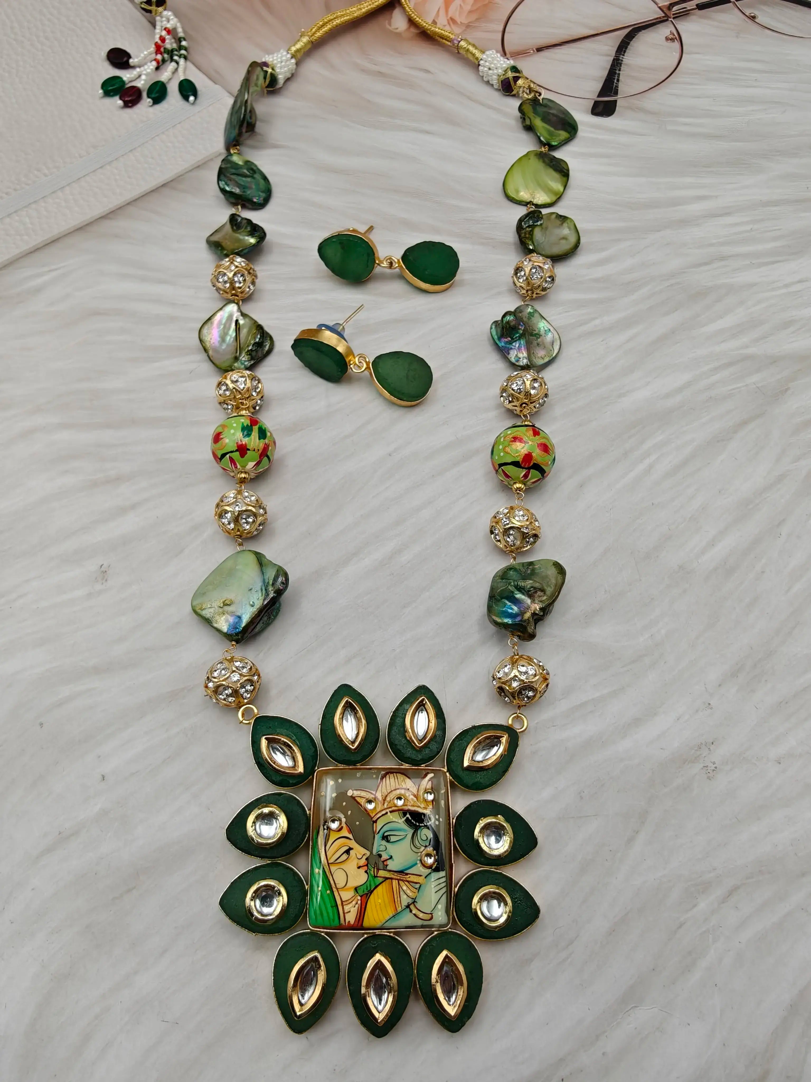 Tanjore Druzy Kundan Long Necklace- Green