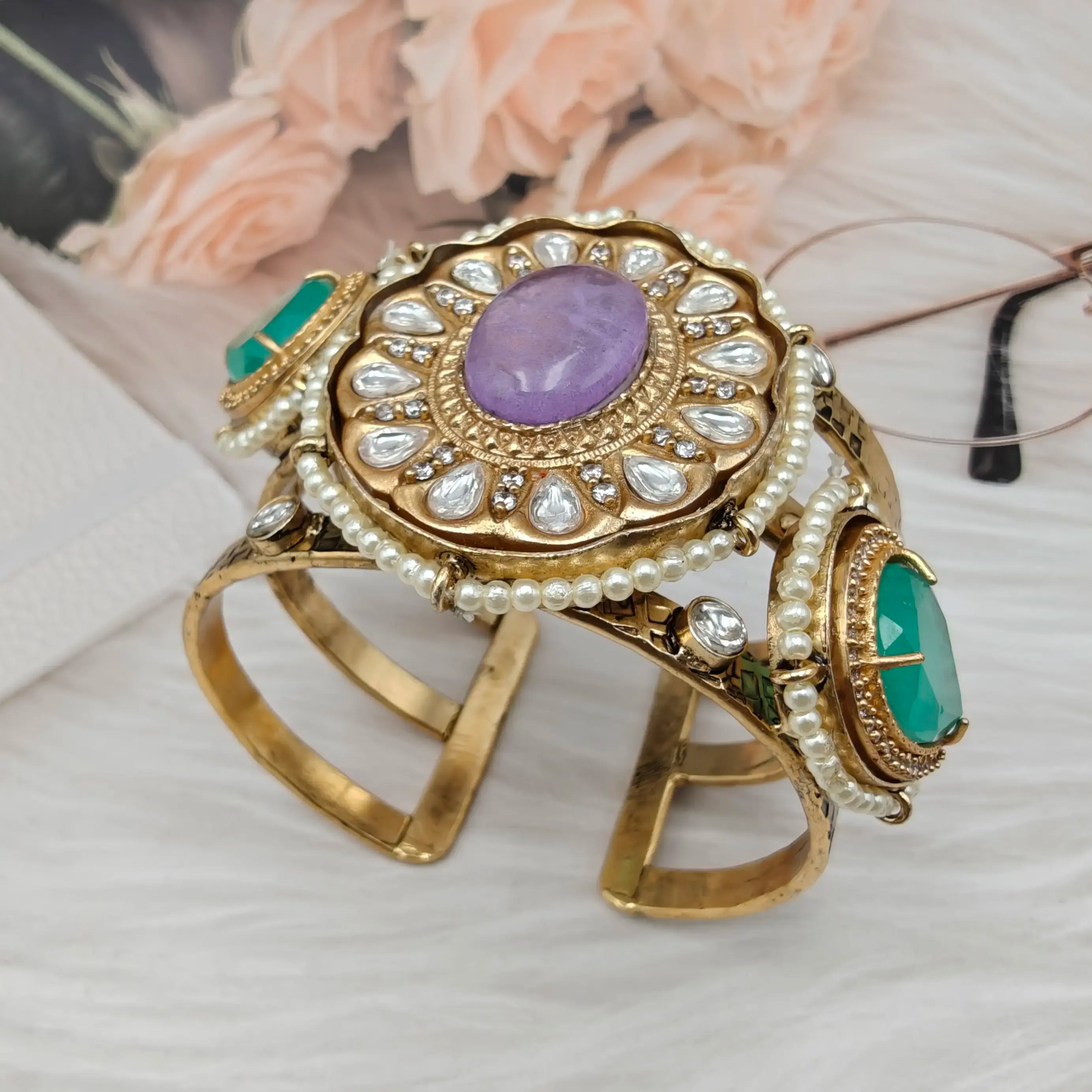 Zara Handcrafted Doublet Brass Fusion Handcuff- Mint n Lavender
