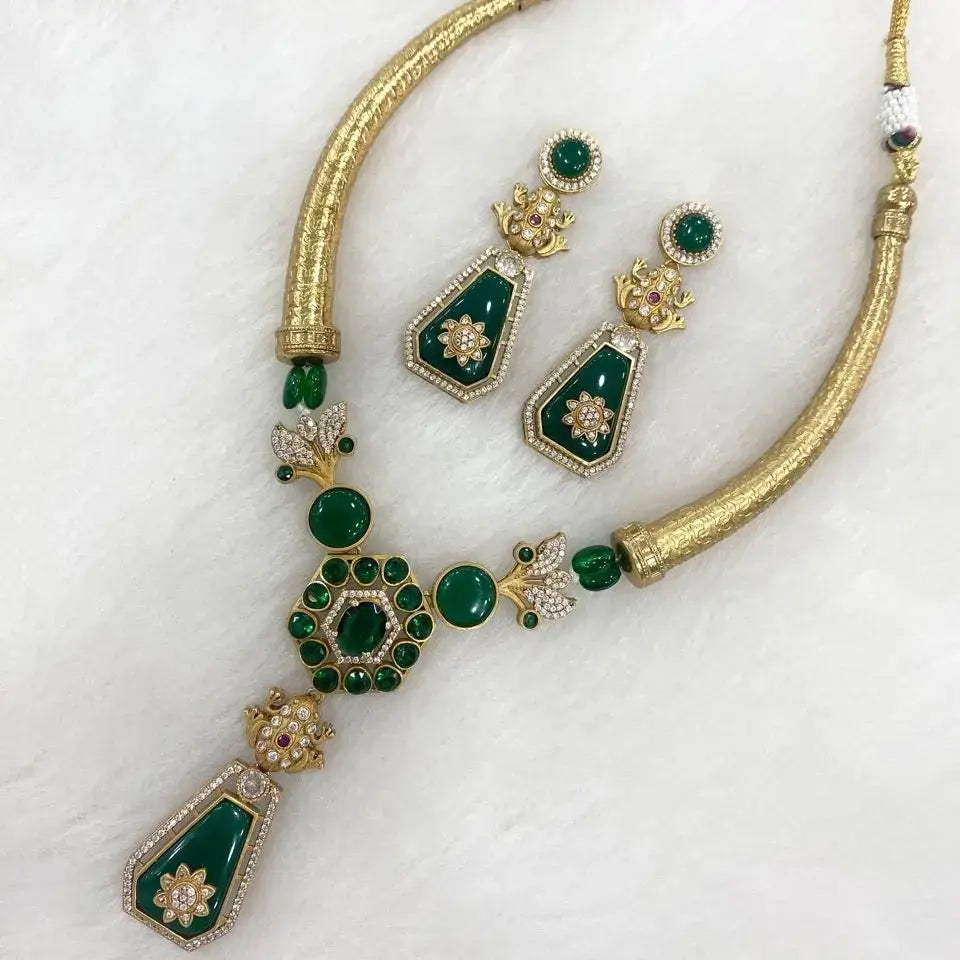Sabyasachi Inspired Animal Ball Hasli Necklace Set - Green