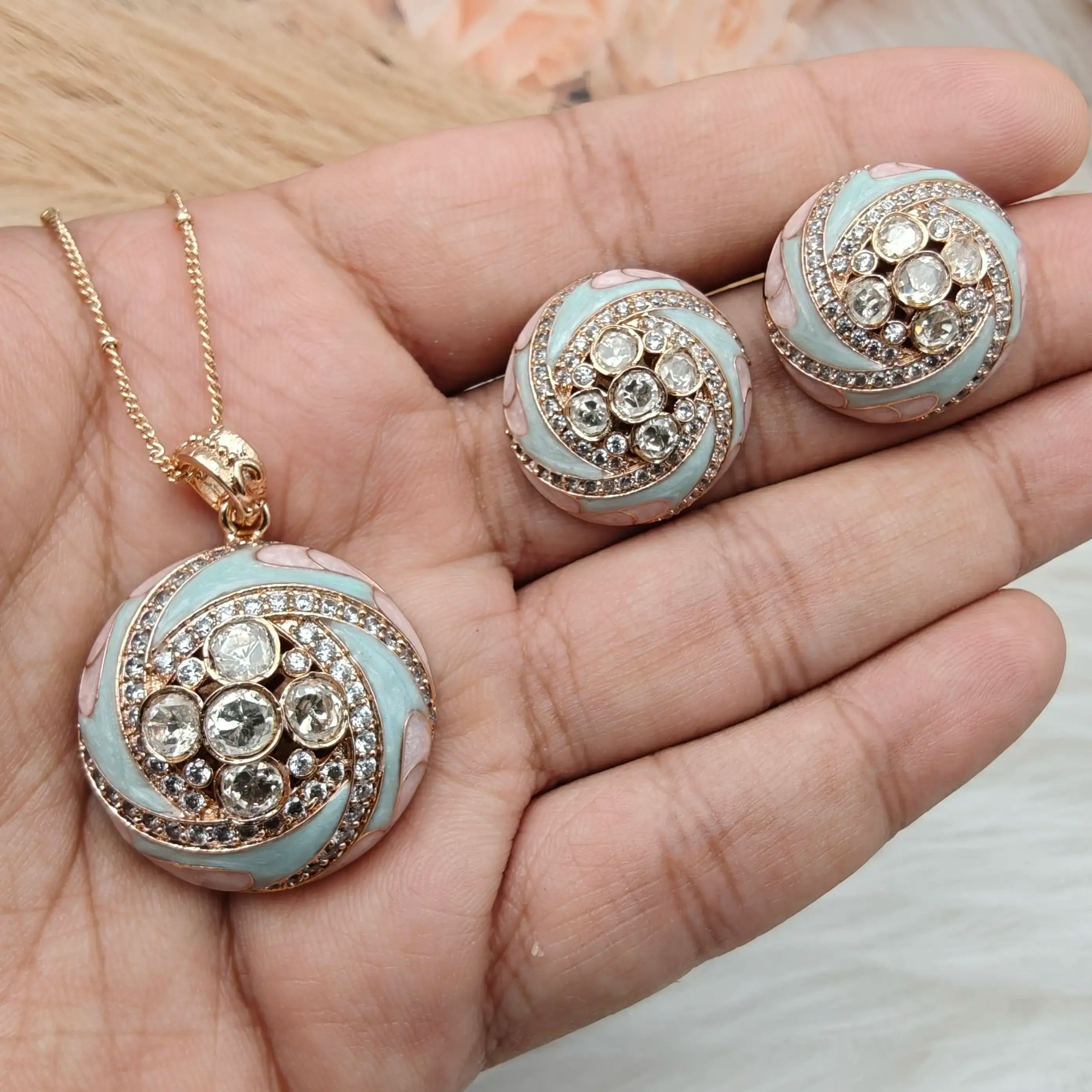 Aakruti Italian Enamel Moissanite Pendant Set - Light Blue n Pink