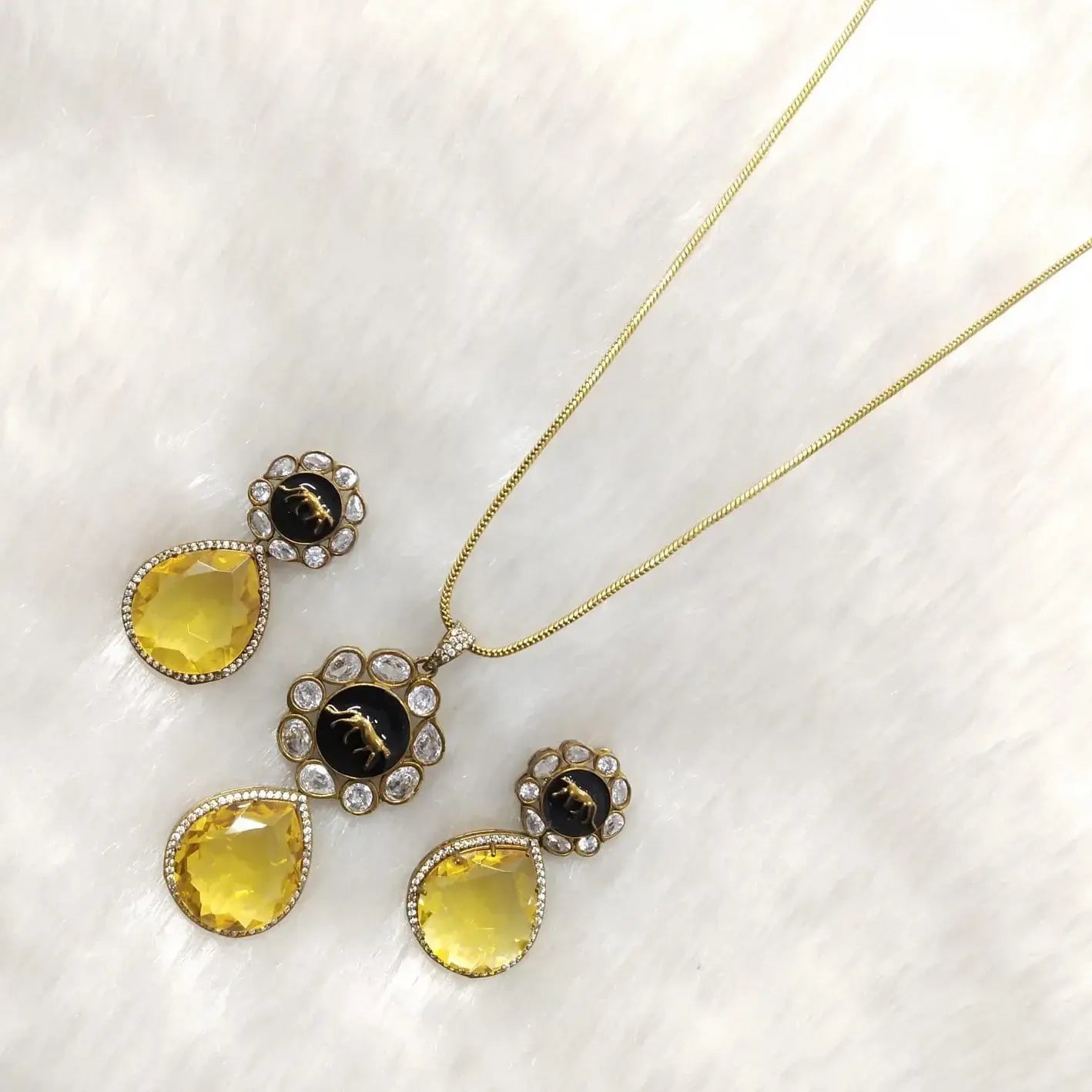 Sabyasachi Inspired Jaguar Claura Pendant Set- Yellow
