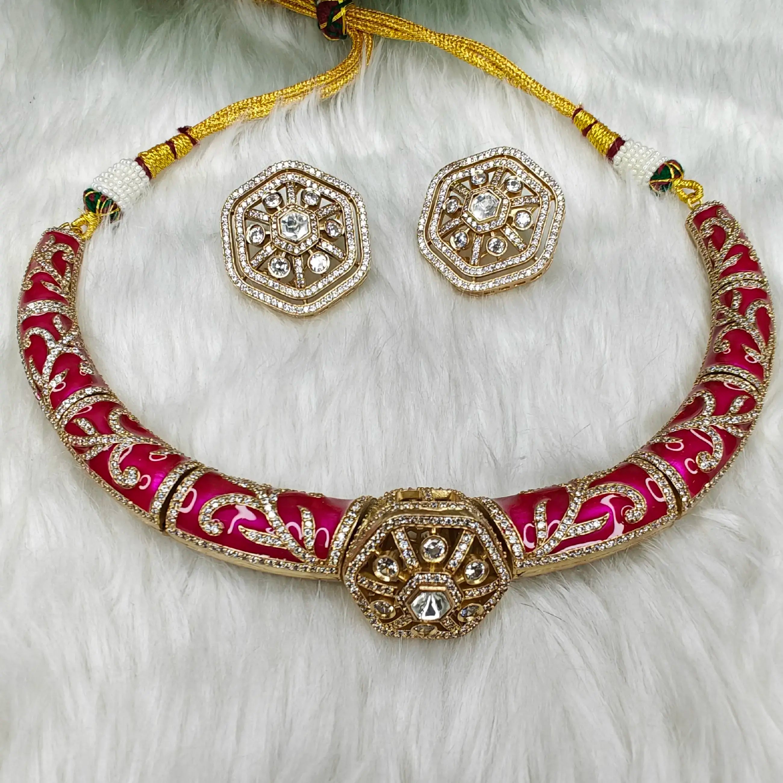 Maheep Enamel Meenakari Hasli Necklace Set - Rani Pink