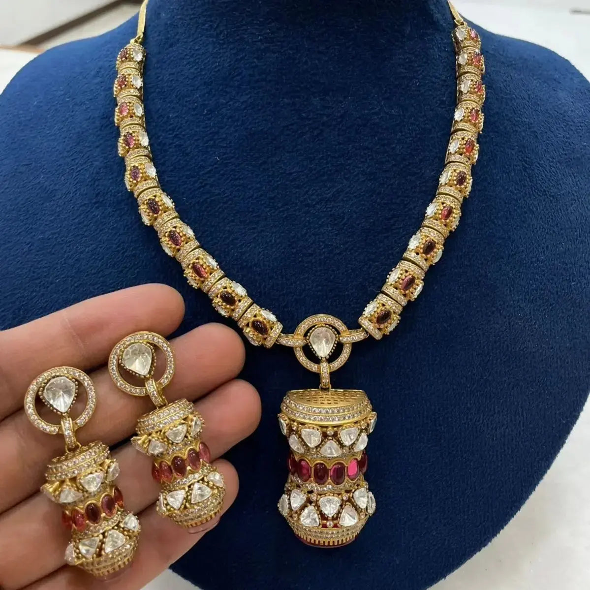 Tiksha Premium Moissanite Necklace Set - Ruby