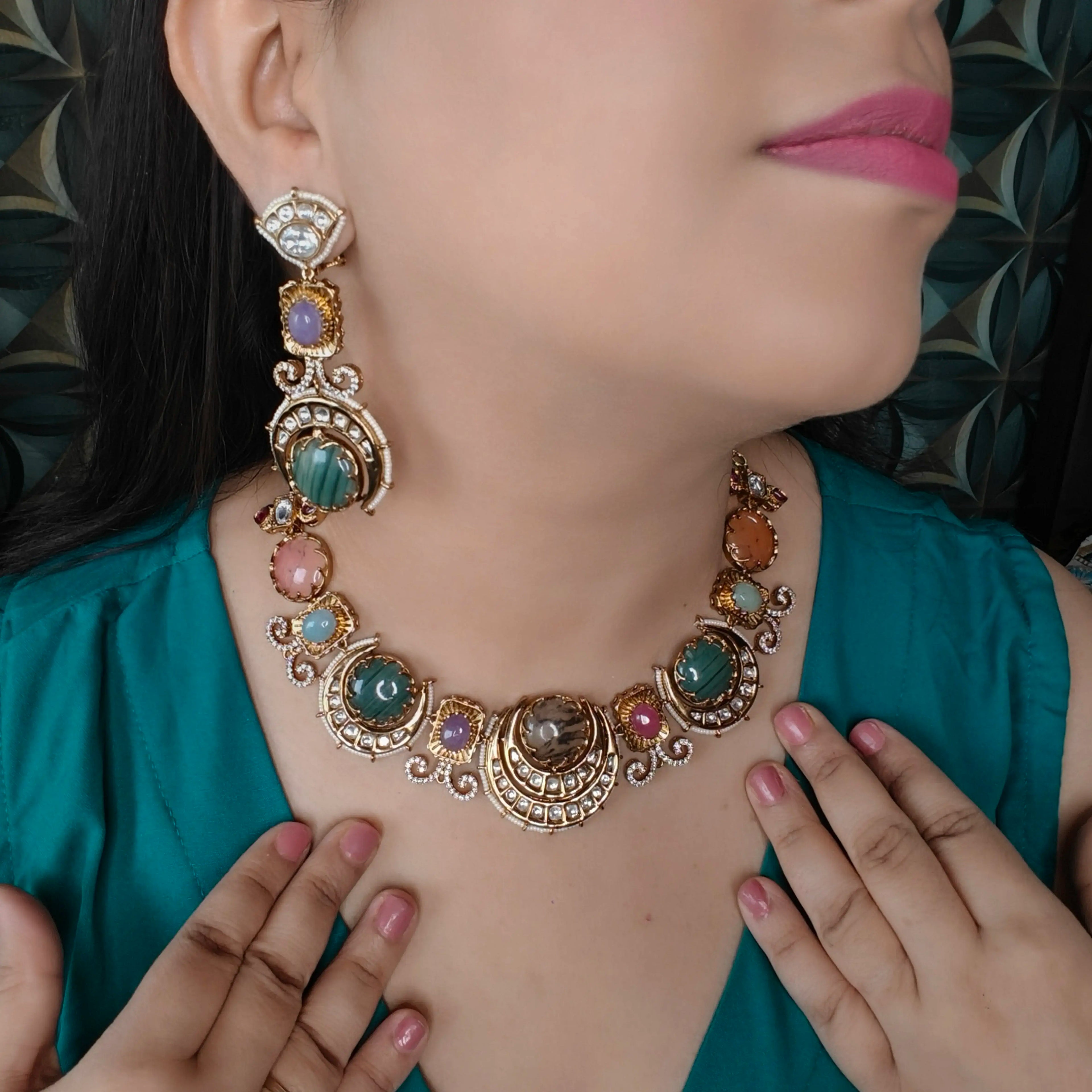 Meherbaan Sabya Inspired Multi Coloured Natural Stone Necklace Set
