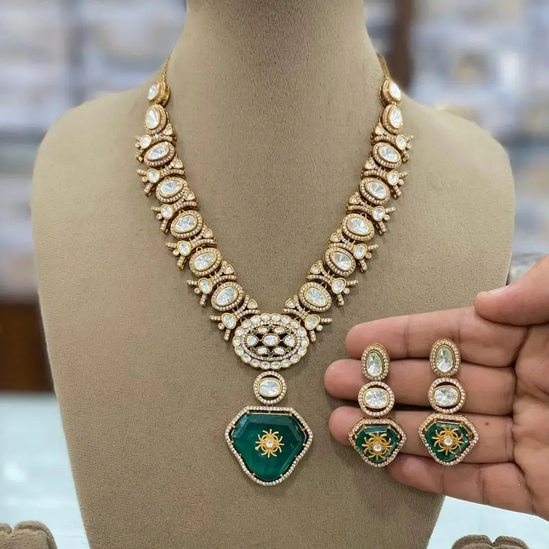 Ishika Doublet And Moissanite Polki Necklace Set - Green