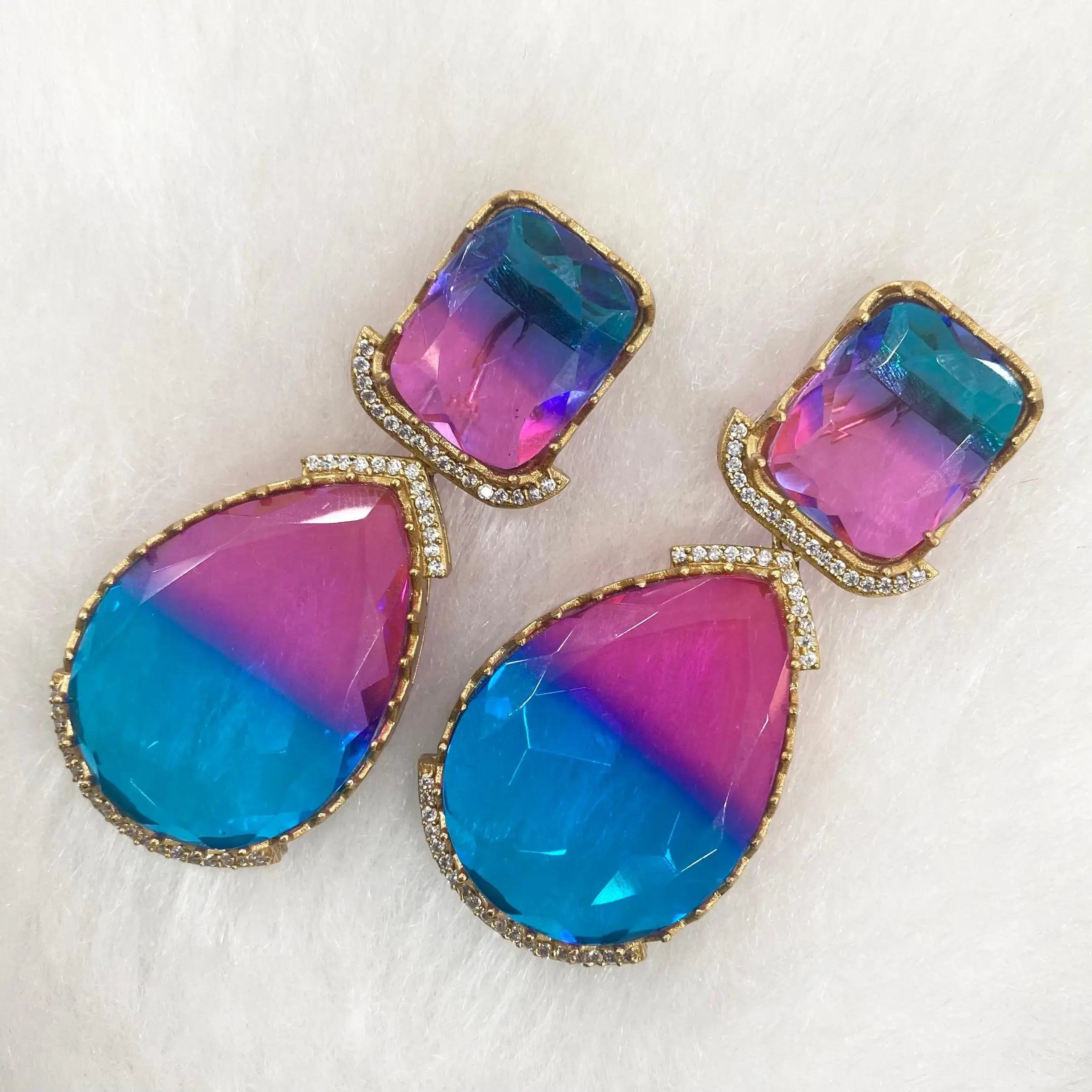 Tourmaline Bio Stone Statement Earrings - Pink N Blue