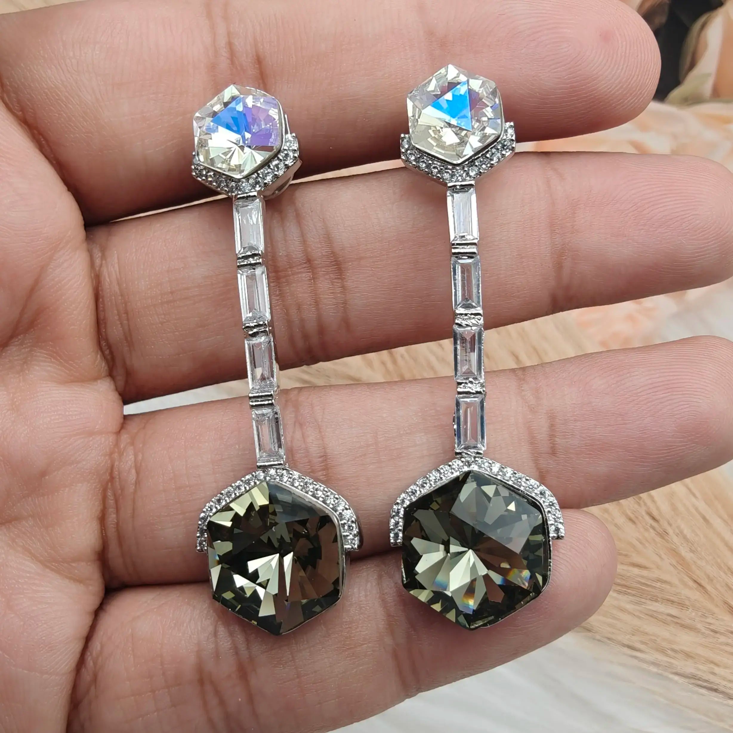 Prism Dusk Swarovski Holographic Drop Earrings - White Rainbow n Grey Black